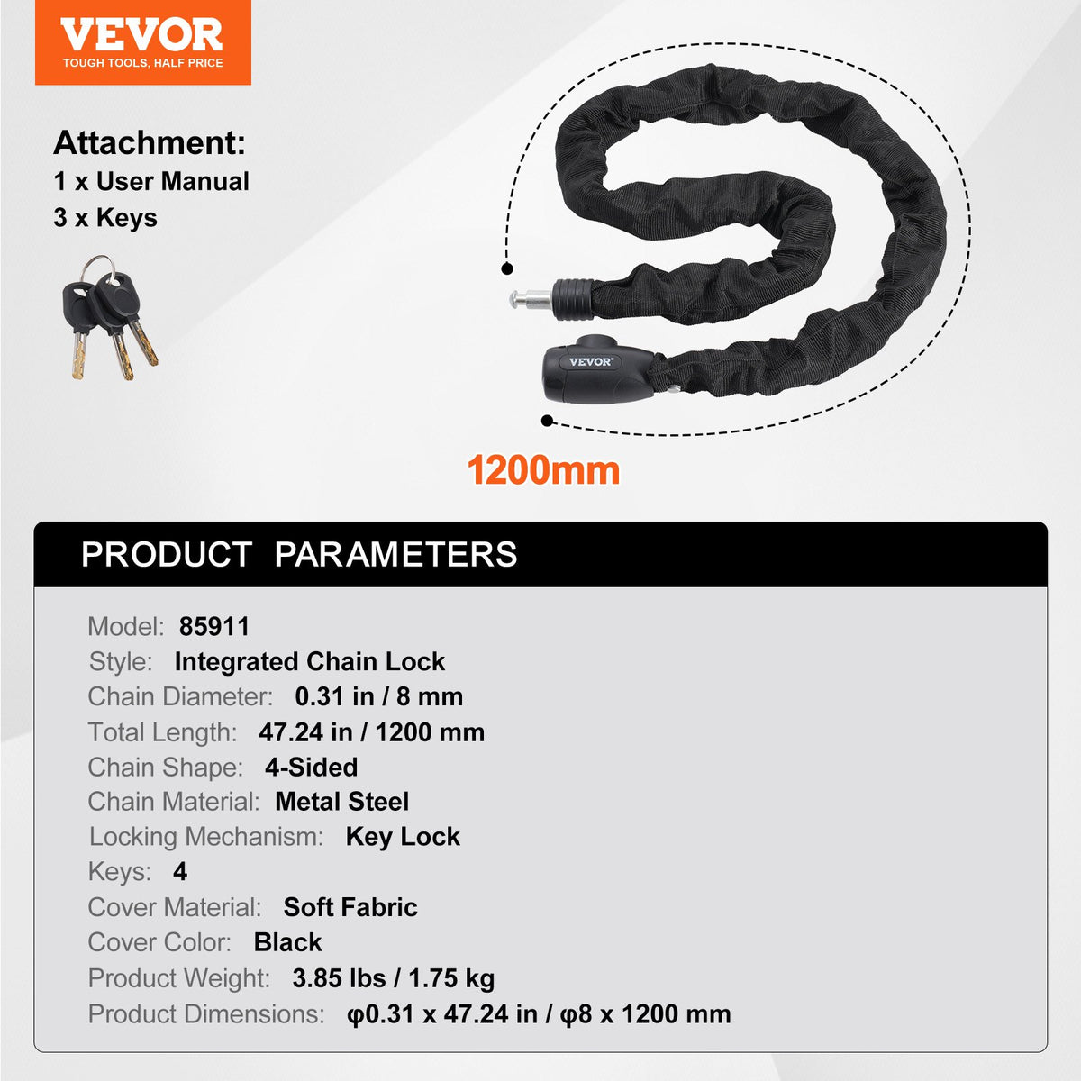 VEVOR Bike Chain Lock, 3.94 Ft Combination Bicycle Chain Lock with 4 Keys, Heavy Duty Anti-Theft High Security Bike Locks, Perfect for Bike, Motorcycle, Scooter, Bicycle, Door, Fence or Gate, 8mm