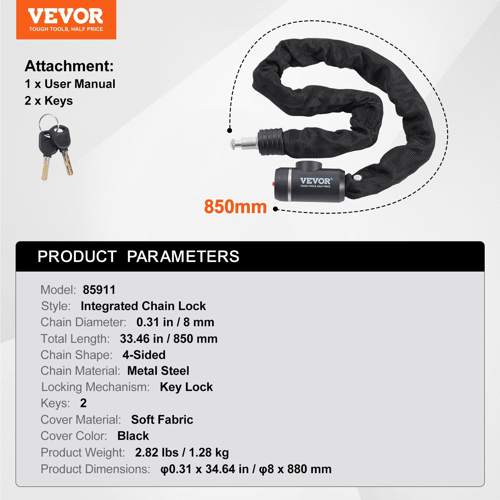 VEVOR Bike Chain Lock, 2.79 Ft Combination Bicycle Chain Lock with 2 Keys, Heavy Duty Anti-Theft High Security Bike Locks, Perfect for Bike, Motorcycle, Scooter, Bicycle, Door, Fence or Gate, 8mm