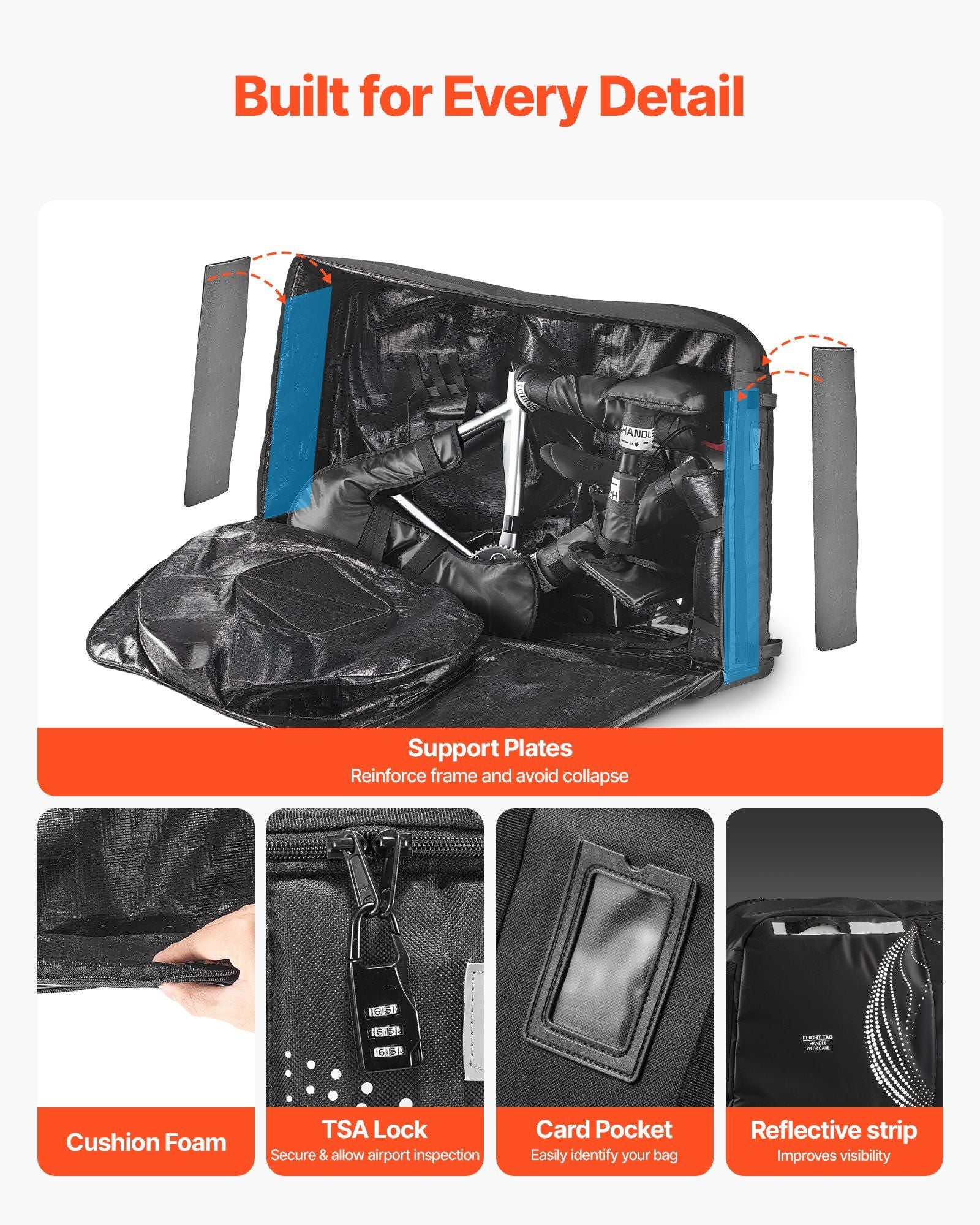 Bike Travel Bag, Transport Universal Bicycle Storage Case Bag with TSA Lock, Support Plates, Protection and Fork Mount Stabilisation, Bicycle Case Max. Wheelbase 130 cm for Airplane, Outdoor Use