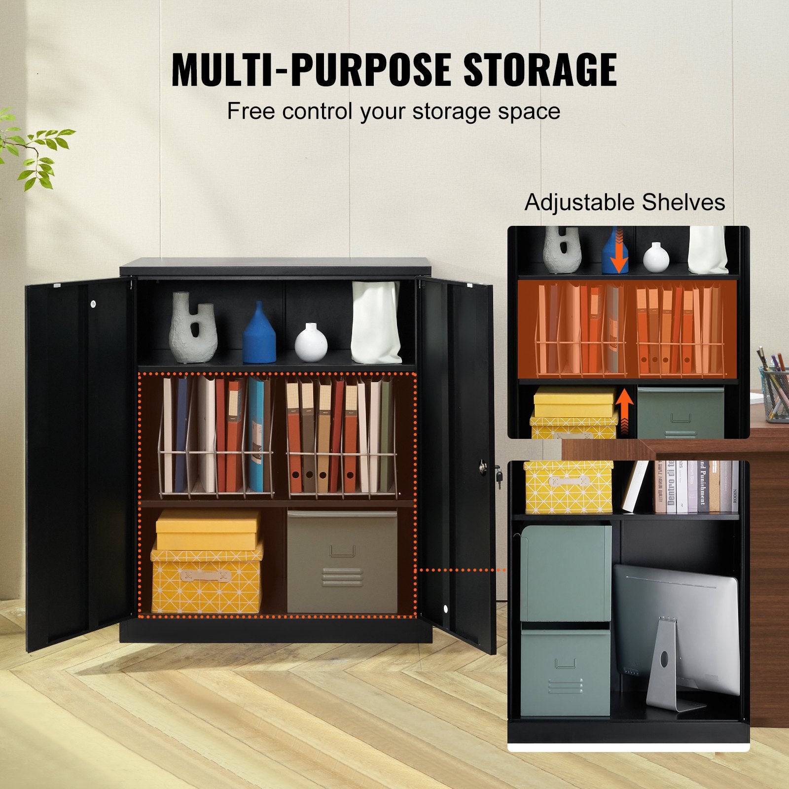 VEVOR Metal Storage Cabinet w/ 3 Keys 2 Adjustable Shelves & Magnetic Door Black