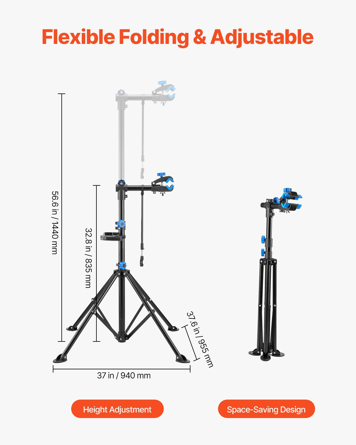 VEVOR Bike Repair Stand, 29.9 kg Heavy-duty Bicycle Work Stand with 835-1440 mm Adjustable Height & Magnetic Tool Tray, Foldable Bicycle Maintenance Rack, Shop Home Mechanics for Mountain & Road Bike