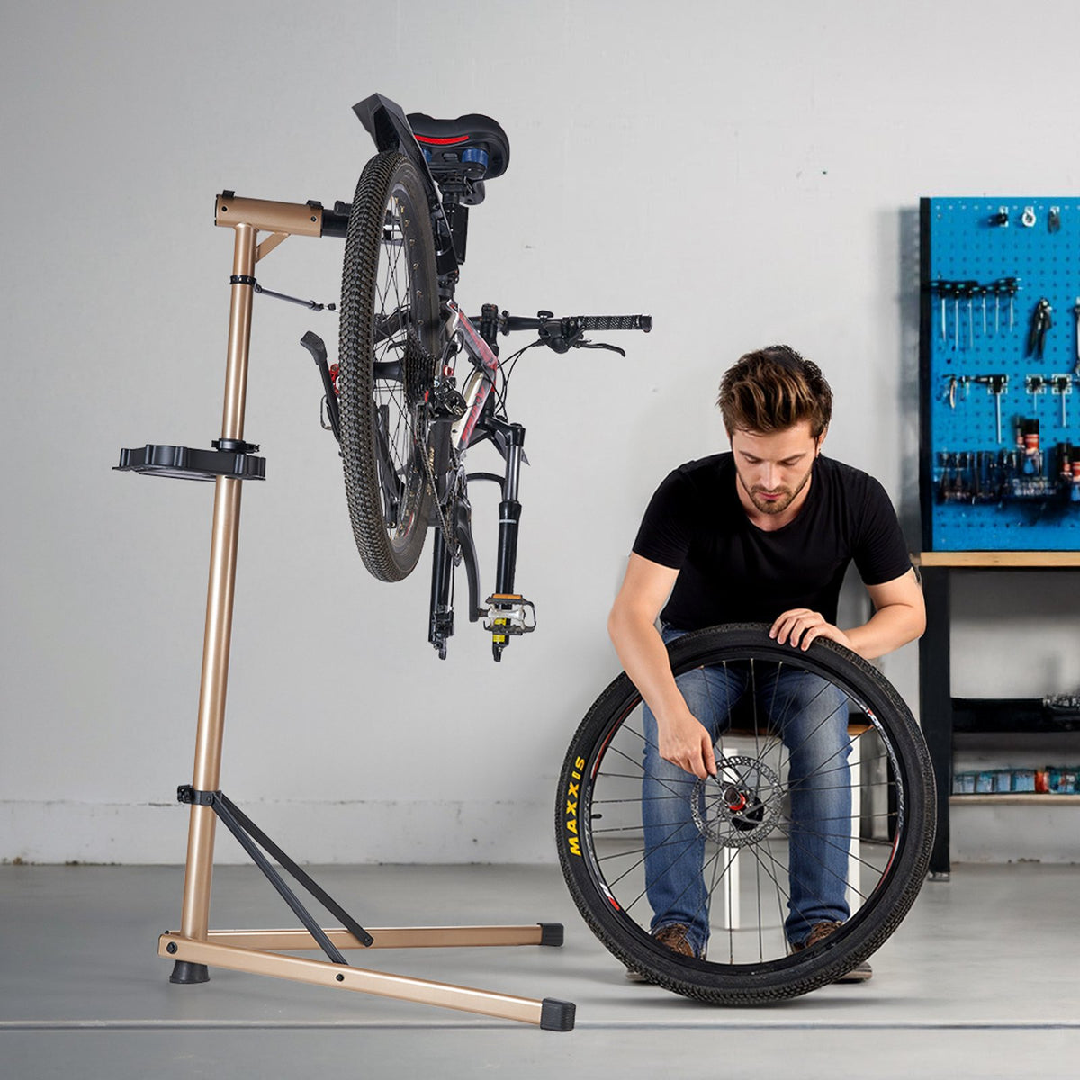 VEVOR Bike Repair Stand, Max. 49.9 kg Heavy-duty Bicycle Work Stand with 1025-1510 mm Adjustable Height & Large Tool Tray, Foldable Ebike Maintenance Rack, Shop Home Mechanics for Mountain Road Bike