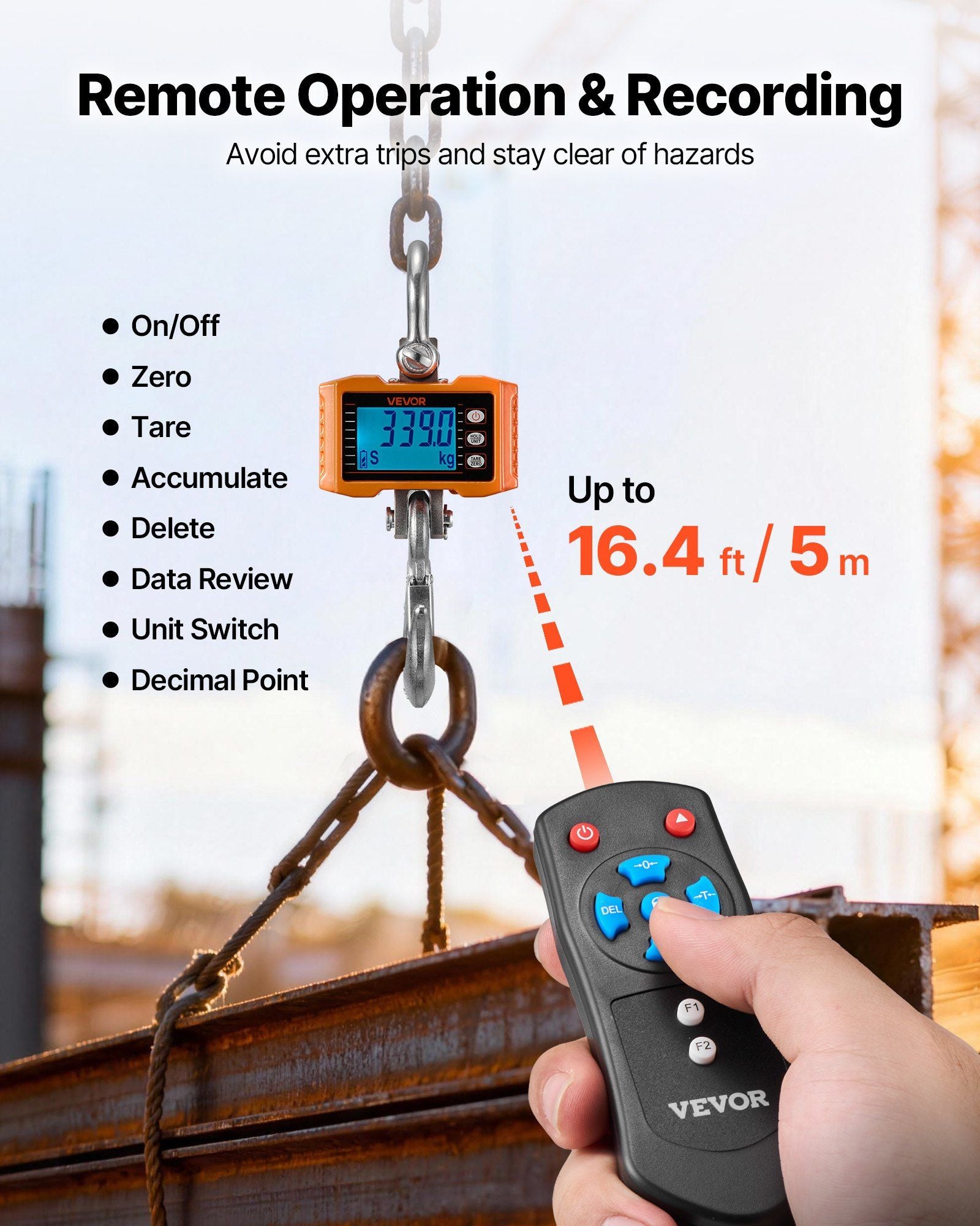 Digital Crane Scale, 4400 lbs/2000 kg Max Capacity, Heavy Duty Industrial Hanging Scale with Cast Aluminum Case & LCD Display, 500 g Division & 3 Unit Switch, Remote Control for Garage Factory