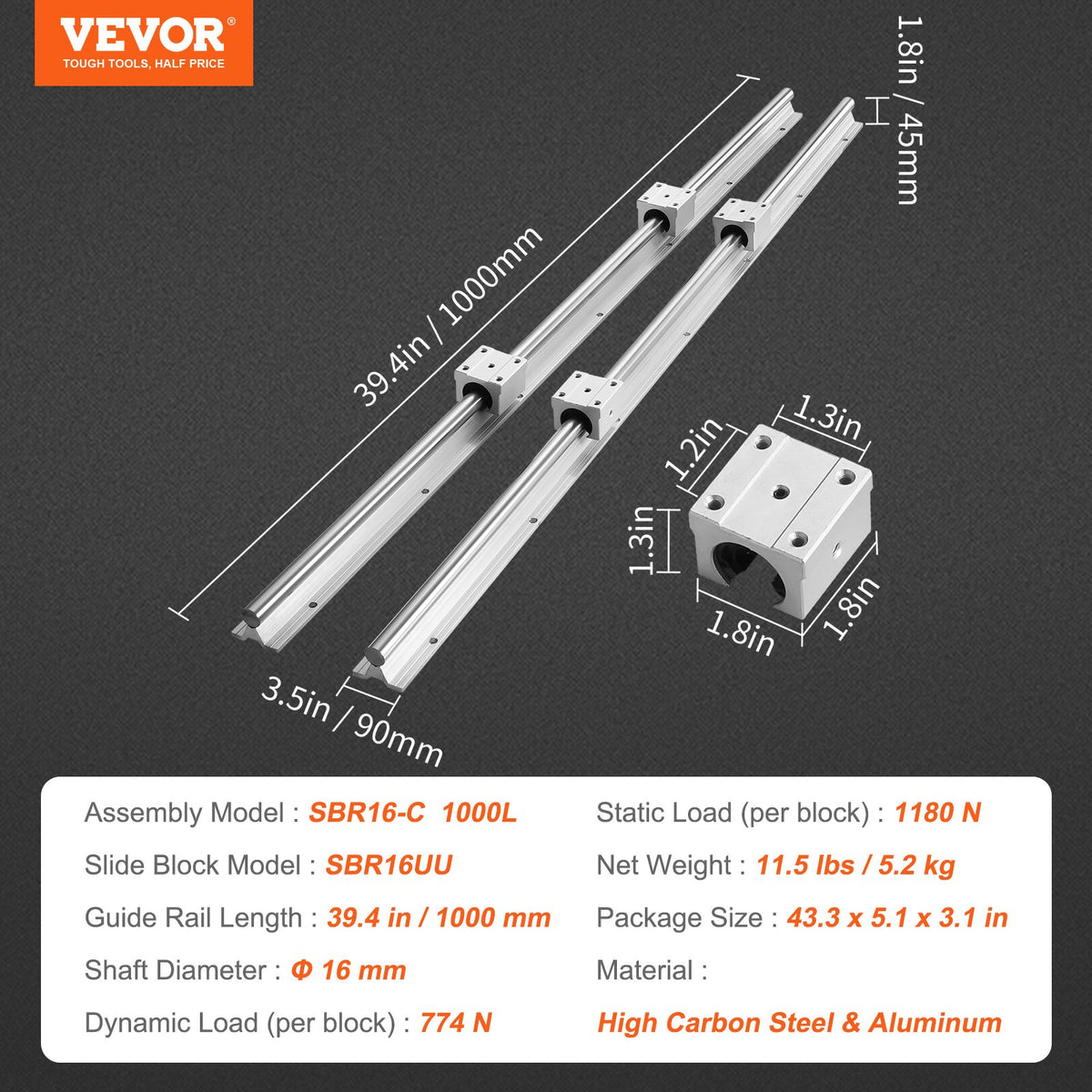 VEVOR Linear Guide Rail Set, SBR16 1000mm, 2 PCS 39.4 in/1000 mm SBR16 Guide Rails and 4 PCS SBR16UU Slide Blocks, Linear Rails and Bearings Kit for Automated Machines DIY Project CNC Router Machines