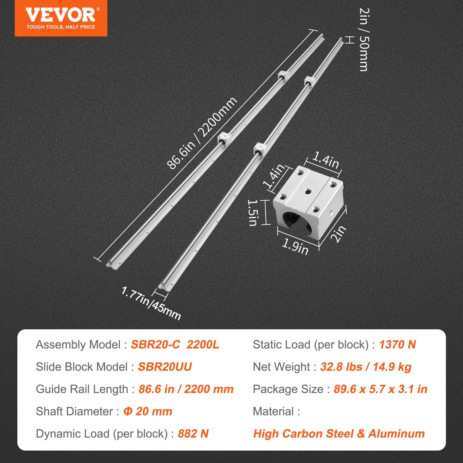 VEVOR Linear Guide Rail Set, SBR20 2200mm, 2 PCS 86.6 in/2200 mm SBR20 Guide Rails and 4 PCS SBR20UU Slide Blocks, Linear Rails and Bearings Kit for Automated Machines DIY Project CNC Router Machines