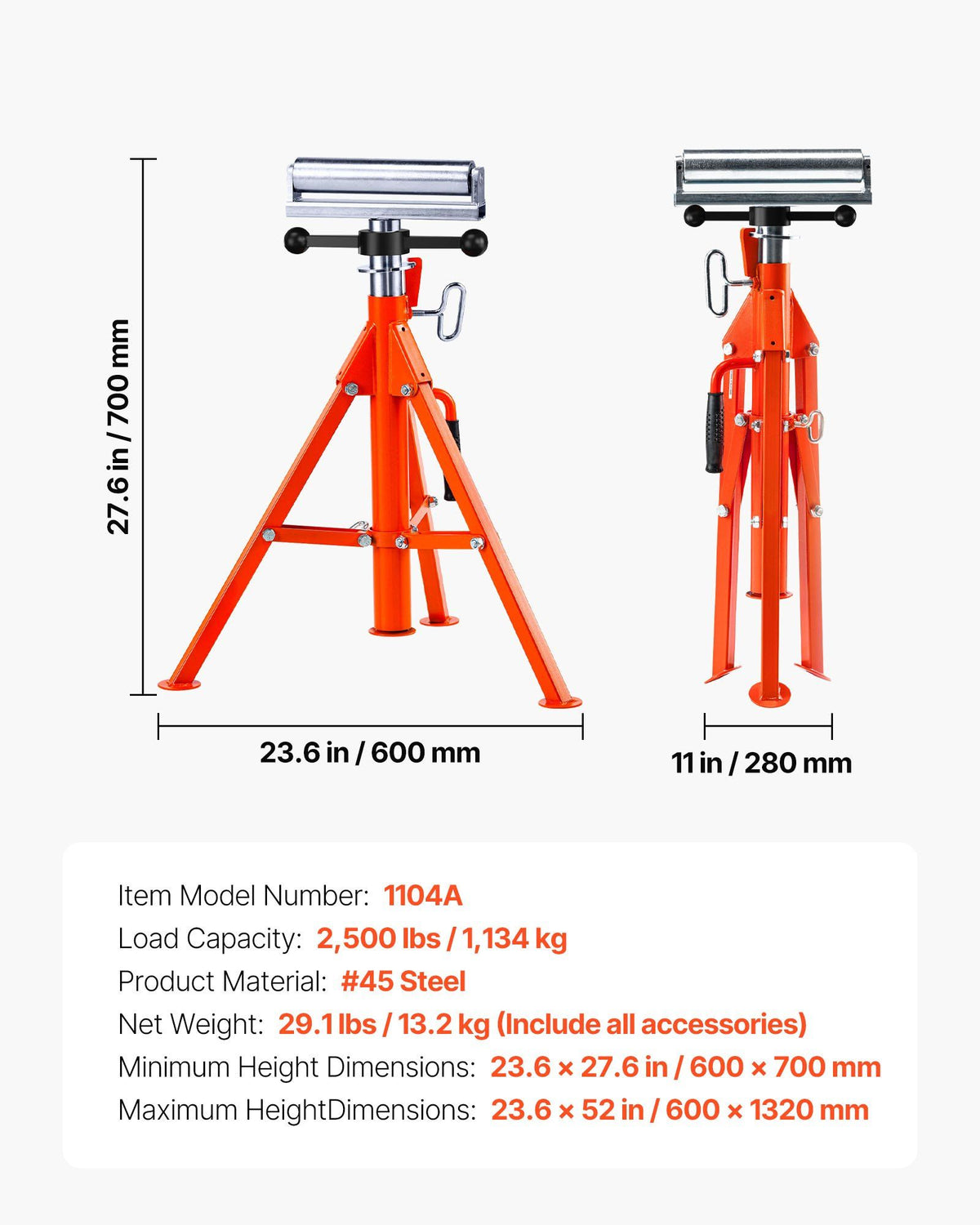 Roller Stand, Heavy Duty 1136 KG Load Capacity, 27.6"-52" Height Adjustable, 45# Steel Folding Roller Support Stand for Pipes, Wooden Boards