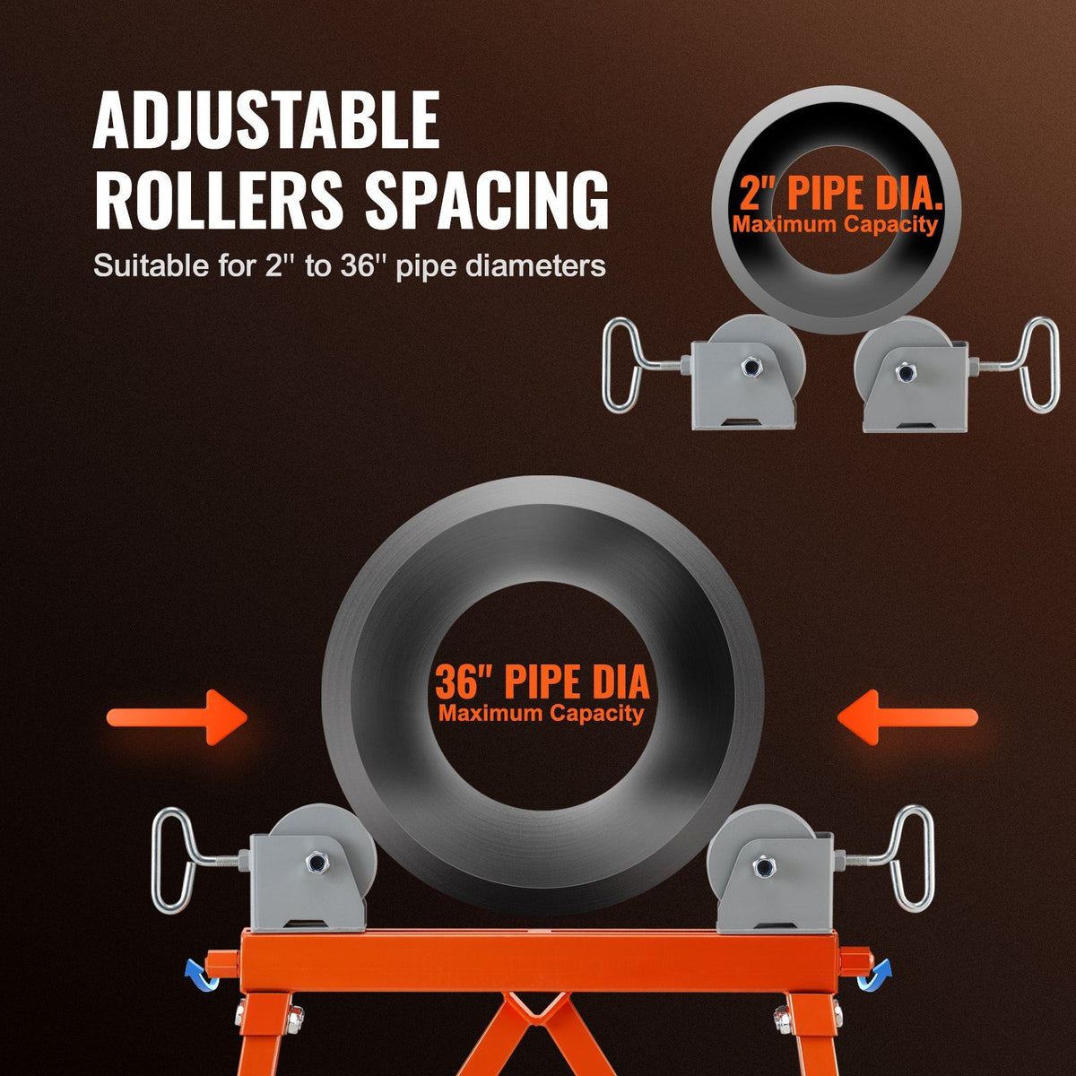 Pipe Stand with Roller Head 2500 LBS Load for 2-36 inches Pipes 45# Steel