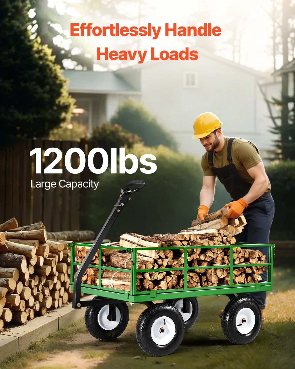 1200 Lbs Steel Garden Cart, Heavy Duty Pullable Garden Wagon Yard Cart, 2 in 1 Outdoor Metal Utility Wagon Yard Trailer with 13" All Terrain Tires, Mesh Removable Sides and 180°Rotating Handle