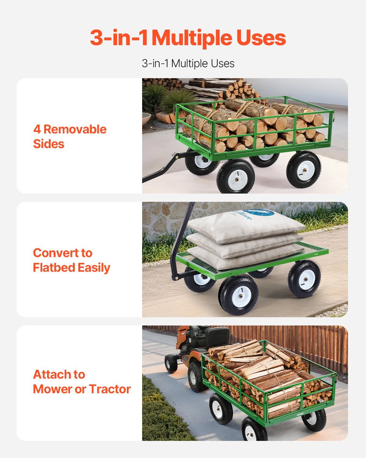 1200 Lbs Steel Garden Cart, Heavy Duty Pullable Garden Wagon Yard Cart, 2 in 1 Outdoor Metal Utility Wagon Yard Trailer with 13" All Terrain Tires, Mesh Removable Sides and 180°Rotating Handle