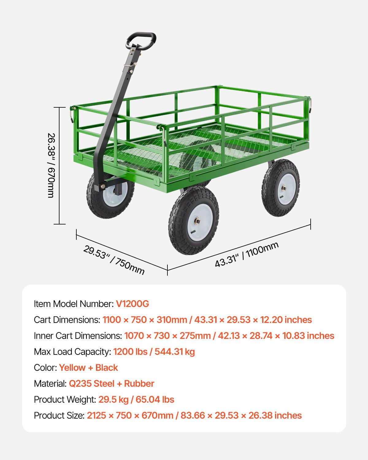 1200 Lbs Steel Garden Cart, Heavy Duty Pullable Garden Wagon Yard Cart, 2 in 1 Outdoor Metal Utility Wagon Yard Trailer with 13" All Terrain Tires, Mesh Removable Sides and 180°Rotating Handle
