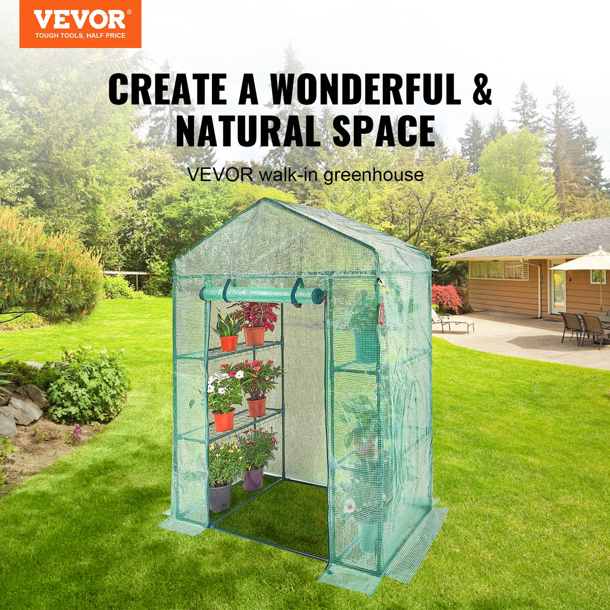 VEVOR Walk-in Green House, 4.6 x 2.4 x  6.7 ft  Greenhouse with Shelves, Set Up in Minutes, High Strength PE Cover with Doors & Windows and Steel Frame, Suitable for Planting and Storage, Green