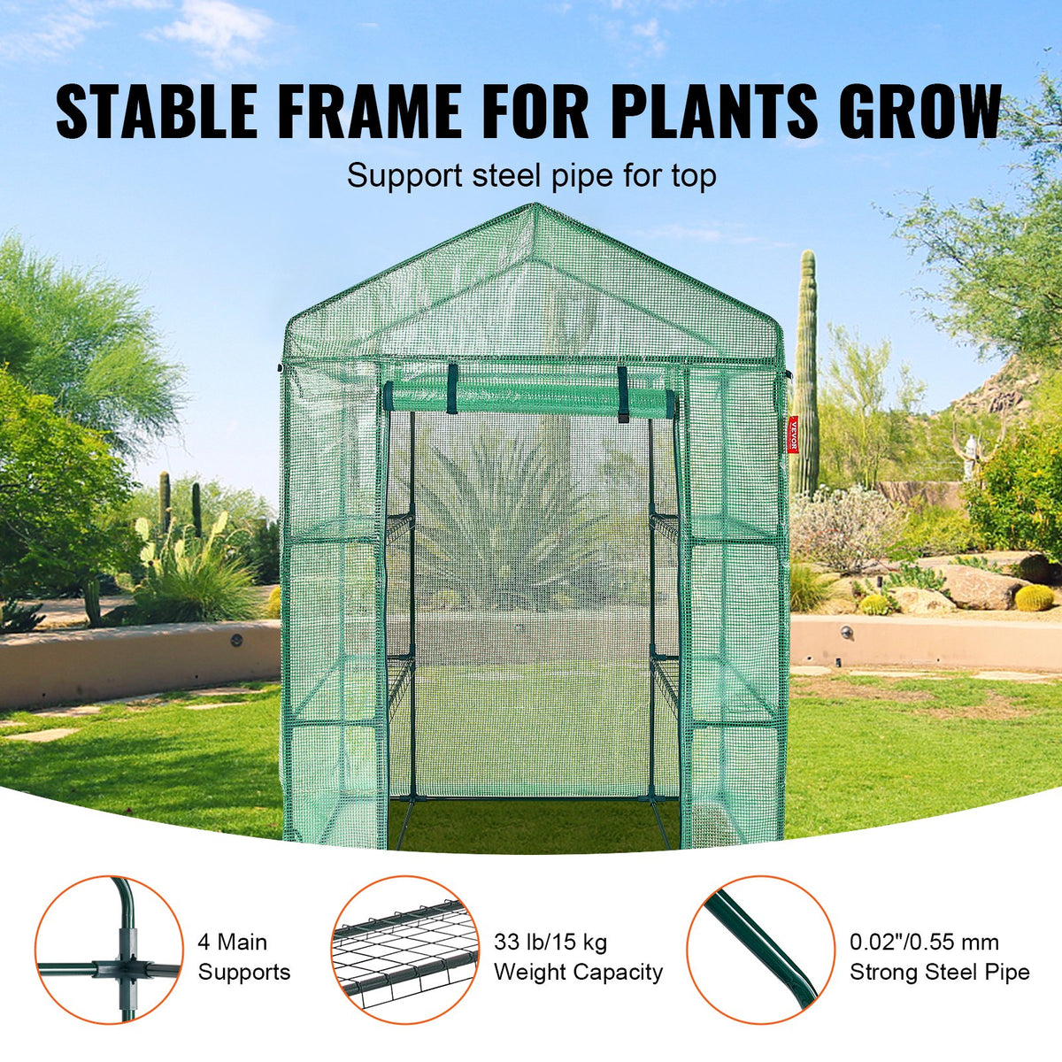 VEVOR Walk-in Green House, 4.6 x 2.4 x  6.7 ft  Greenhouse with Shelves, Set Up in Minutes, High Strength PE Cover with Doors & Windows and Steel Frame, Suitable for Planting and Storage, Green