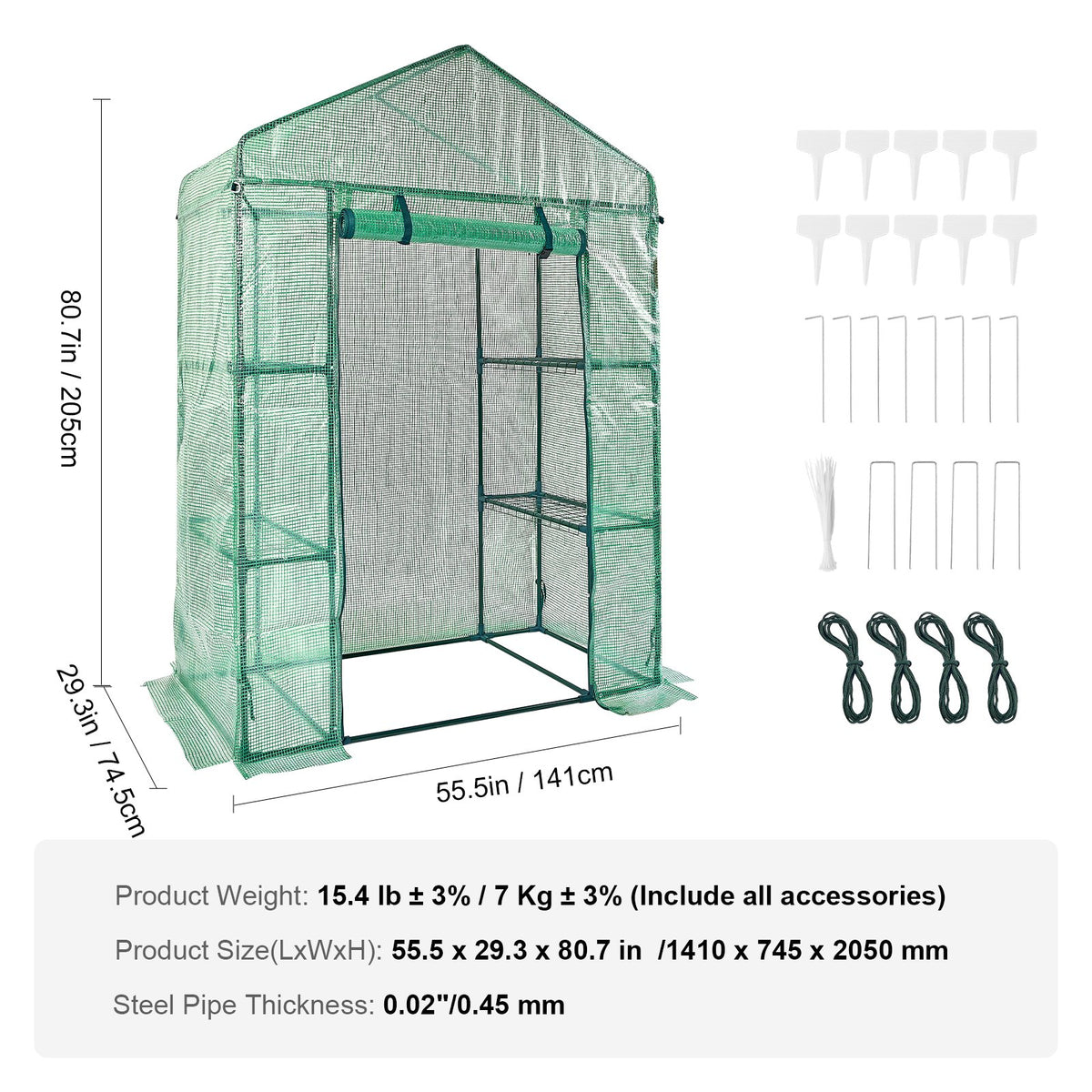 VEVOR Walk-in Green House, 4.6 x 2.4 x  6.7 ft  Greenhouse with Shelves, Set Up in Minutes, High Strength PE Cover with Doors & Windows and Steel Frame, Suitable for Planting and Storage, Green