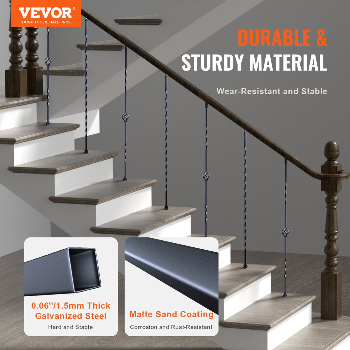 VEVOR Staircase Metal Balusters, 44'' x 1/2" Galvanized Steel Decorative Banister Spindles, 10 Pack Deck Baluster with Hollow Single Baskets, Twists, Spiral Stair Railing w/ Shoes & Screws