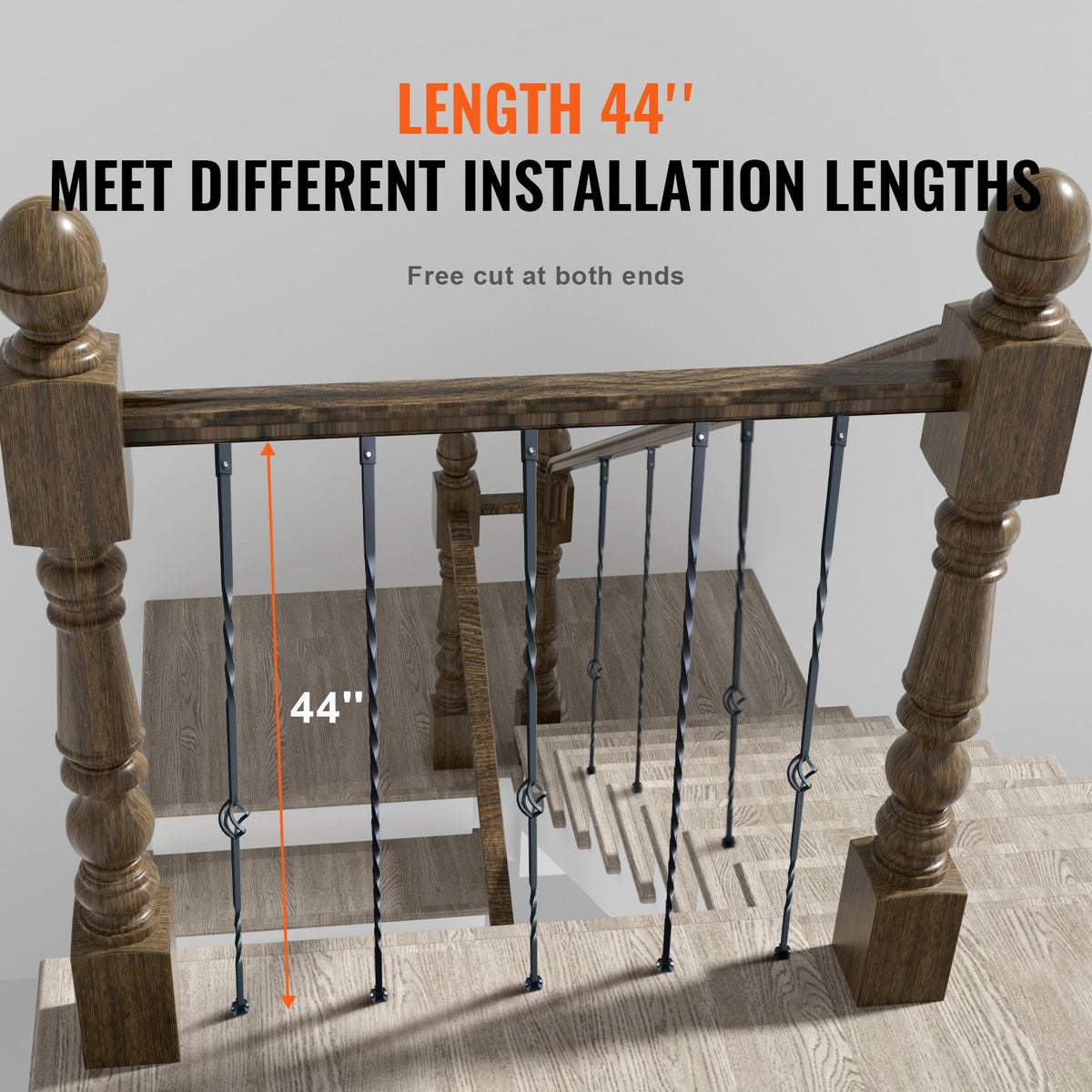 VEVOR Staircase Metal Balusters, 44'' x 1/2" Galvanized Steel Decorative Banister Spindles, 10 Pack Deck Baluster with Hollow Single Baskets, Twists, Spiral Stair Railing w/ Shoes & Screws