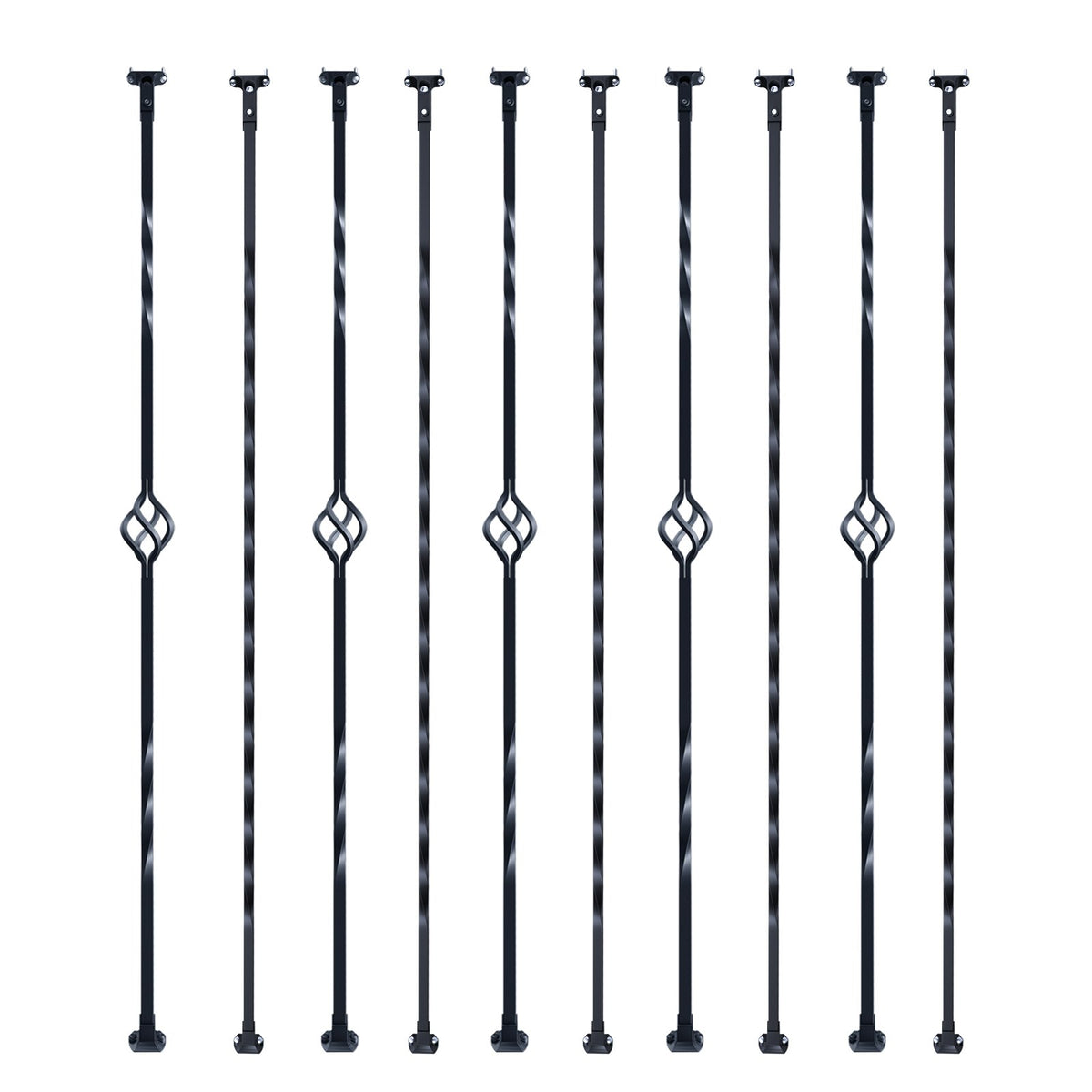 VEVOR Staircase Metal Balusters, 44'' x 1/2" Galvanized Steel Decorative Banister Spindles, 10 Pack Deck Baluster with Hollow Single Baskets, Twists, Spiral Stair Railing w/ Shoes & Screws