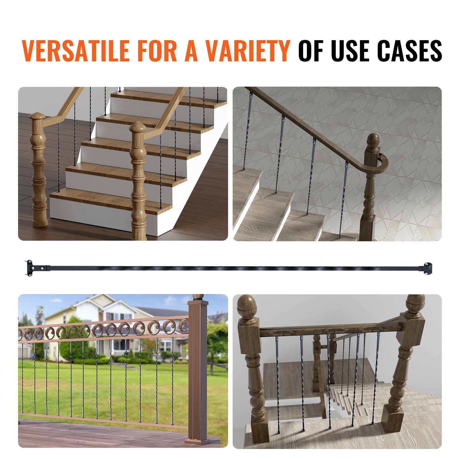 Staircase Metal Balusters, 44'' x 1/2" Galvanized Steel Decorative Banister Spindles, 10 Pack Deck Baluster with Hollow Twists, Satin Black Spiral Stair Railing with Shoes & Screws