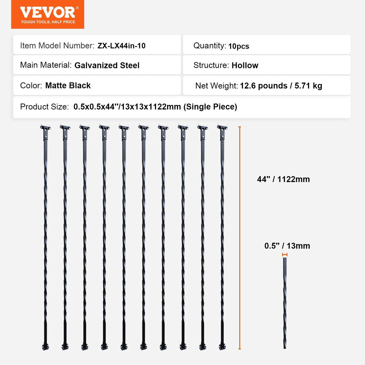 Staircase Metal Balusters, 44'' x 1/2" Galvanized Steel Decorative Banister Spindles, 10 Pack Deck Baluster with Hollow Twists, Satin Black Spiral Stair Railing with Shoes & Screws