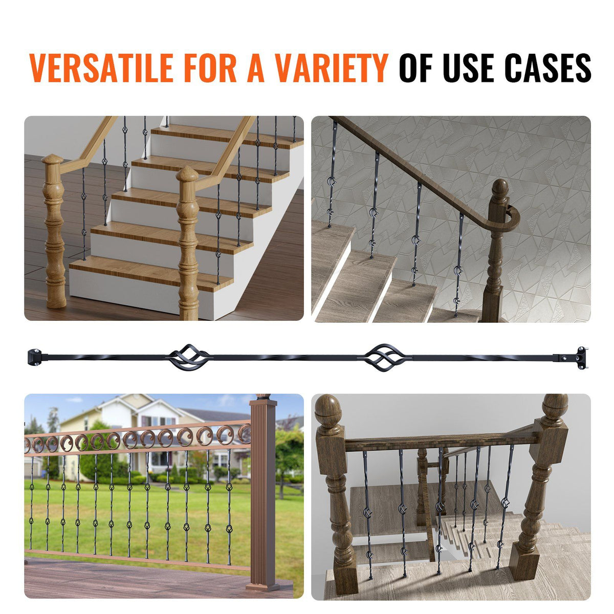 Staircase Metal Balusters, 44'' x 1/2" Galvanized Steel Decorative Banister Spindles, 10 Pack Deck Baluster with Hollow Double Baskets, Spiral Stair Railing with Shoes & Screws