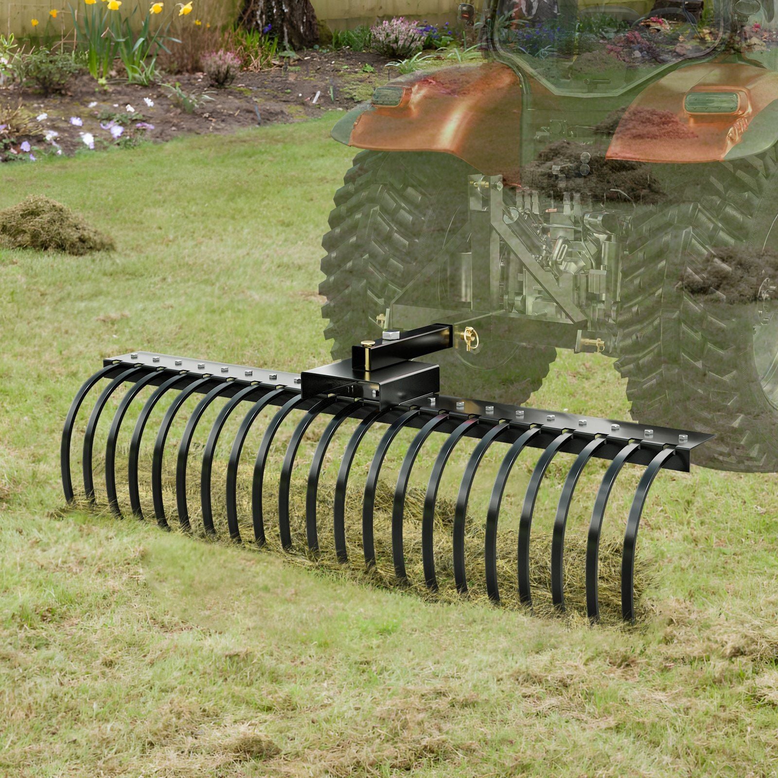 Tow Behind Landscape Rake, 1.5m Tow Dethatcher with 21 Steel Coil Tines, Lawn Dethatcher Rake Attaches to 1.2m or 15m Toolbars and 3-point Suspension Systems, for Leaves, Pine Needles, and Grass