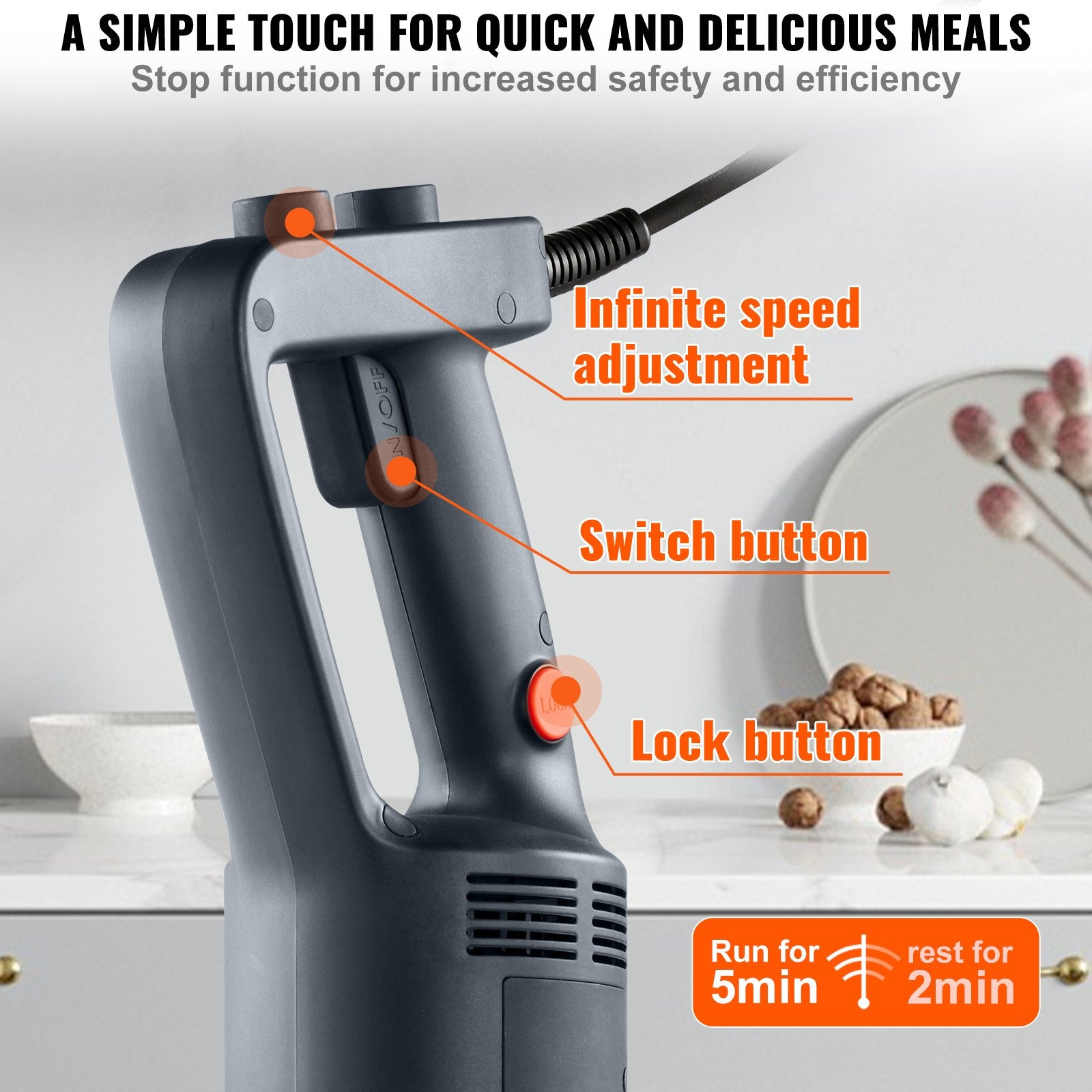 VEVOR Professional Stick Blender, 500W Powerful Handheld Mixer, Adjustable Speed with Stainless Steel Blade, Versatile Hand Mixer for Soups, Smoothies, Purees, and Baby Food