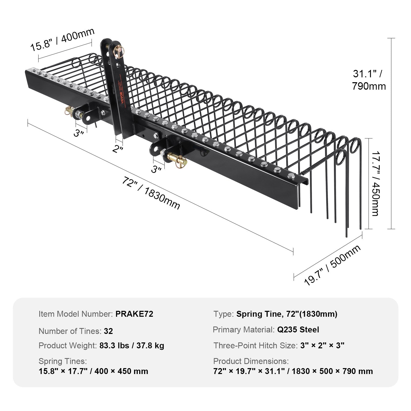 VEVOR Tow Behind Landscape Rake, 1.8m Tow Dethatcher with 32 Steel Tines, Lawn Dethatcher Rake Attaches to Category 1, 3 Point Hitch for Tractor, for Leaves, Pine Needles, Straw, and Grass