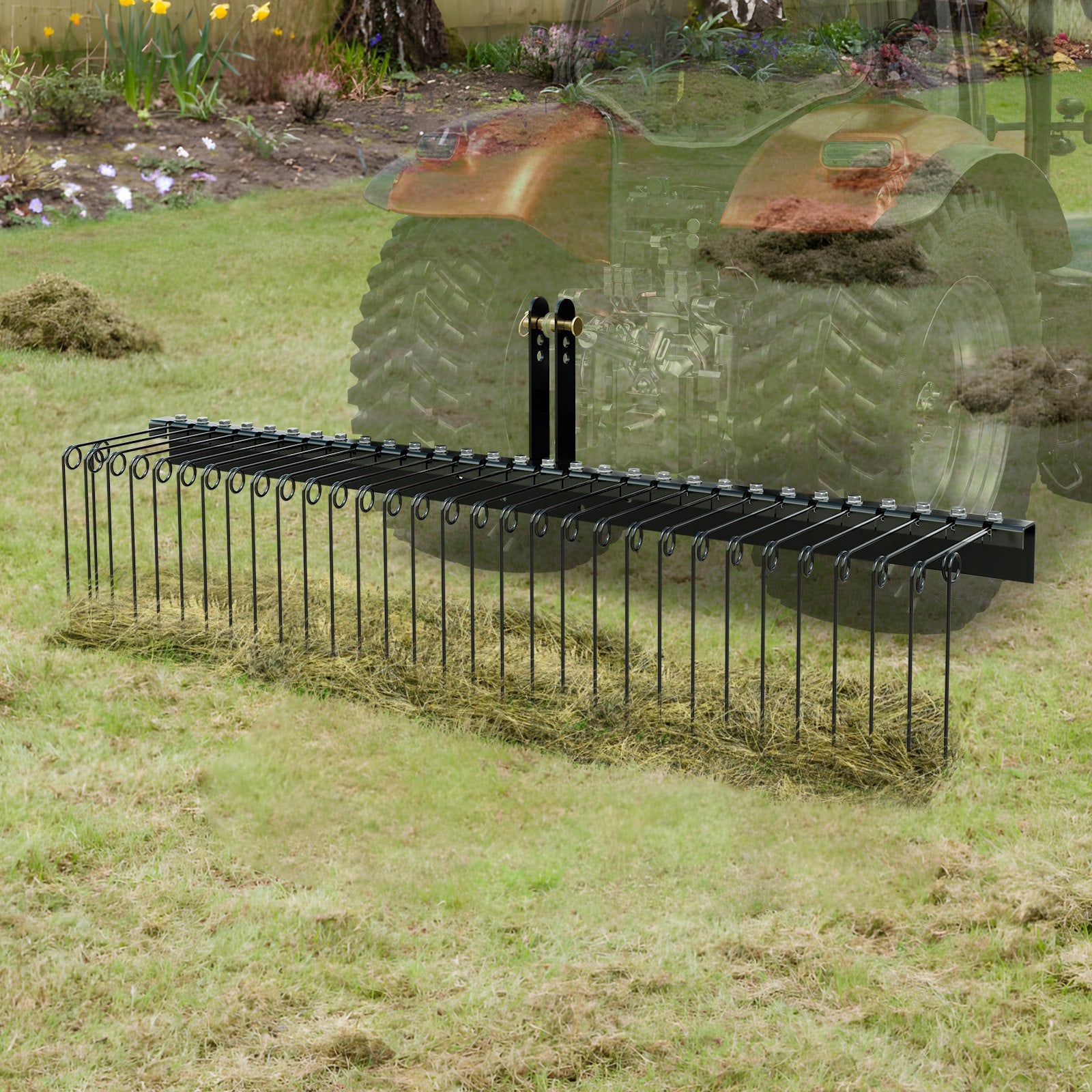 VEVOR Tow Behind Landscape Rake, 1.8m Tow Dethatcher with 32 Steel Tines, Lawn Dethatcher Rake Attaches to Category 1, 3 Point Hitch for Tractor, for Leaves, Pine Needles, Straw, and Grass