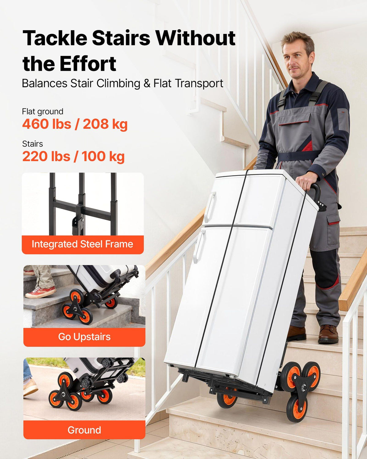 Stair Climbing Cart, 100 kg Stair-Climbing Capacity, Heavy-Duty Folding Trolley Cart with Telescoping Handle, 6 Wheels and 2 Bungee Cords, Stair Climber Dolly for Home, Groceries, Warehouse