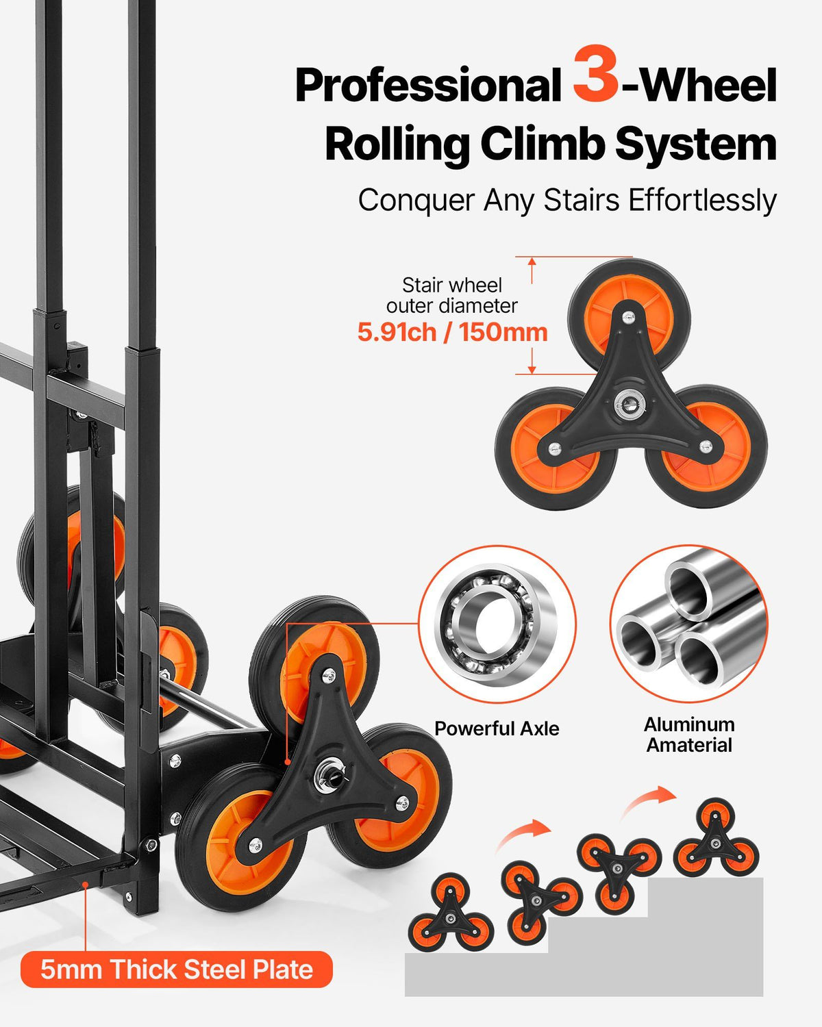 Stair Climbing Cart, 100 kg Stair-Climbing Capacity, Heavy-Duty Folding Trolley Cart with Telescoping Handle, 6 Wheels and 2 Bungee Cords, Stair Climber Dolly for Home, Groceries, Warehouse