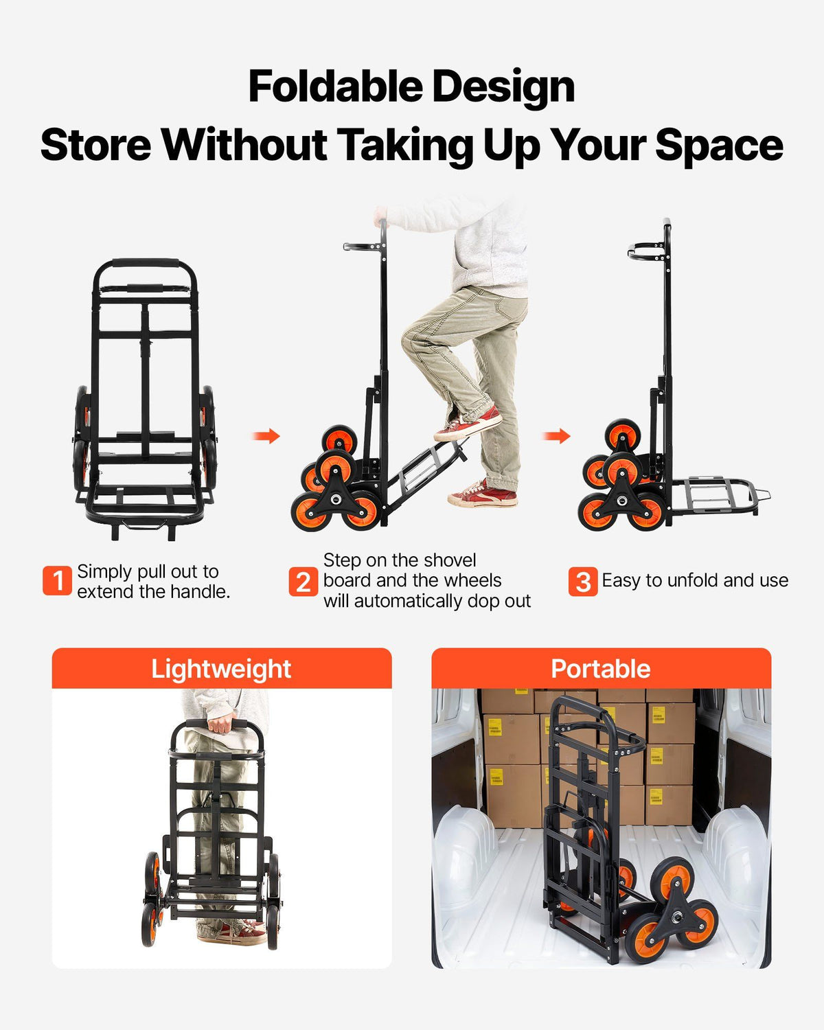 Stair Climbing Cart, 100 kg Stair-Climbing Capacity, Heavy-Duty Folding Trolley Cart with Telescoping Handle, 6 Wheels and 2 Bungee Cords, Stair Climber Dolly for Home, Groceries, Warehouse