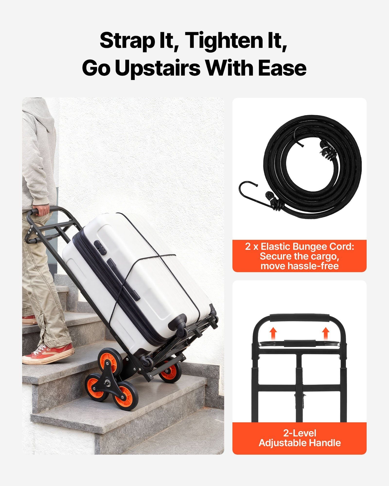 Stair Climbing Cart, 100 kg Stair-Climbing Capacity, Heavy-Duty Folding Trolley Cart with Telescoping Handle, 6 Wheels and 2 Bungee Cords, Stair Climber Dolly for Home, Groceries, Warehouse