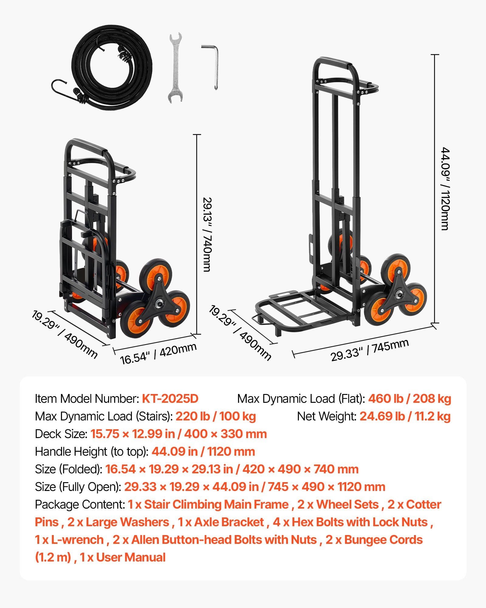 Stair Climbing Cart, 100 kg Stair-Climbing Capacity, Heavy-Duty Folding Trolley Cart with Telescoping Handle, 6 Wheels and 2 Bungee Cords, Stair Climber Dolly for Home, Groceries, Warehouse