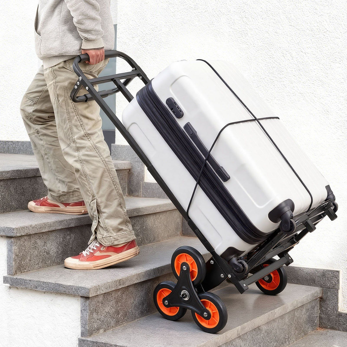 Stair Climbing Cart, 100 kg Stair-Climbing Capacity, Heavy-Duty Folding Trolley Cart with Telescoping Handle, 6 Wheels and 2 Bungee Cords, Stair Climber Dolly for Home, Groceries, Warehouse