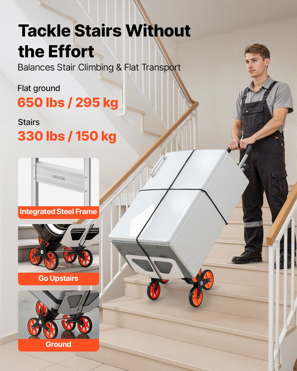Stair Climbing Cart, 150 kg Stair-Climb Capacity, Aluminum Alloy Folding Trolley Cart with Telescoping Handle, 6 Wheels and 2 Bungee Cords, Stair Climber Dolly for Home, Groceries, Warehouse