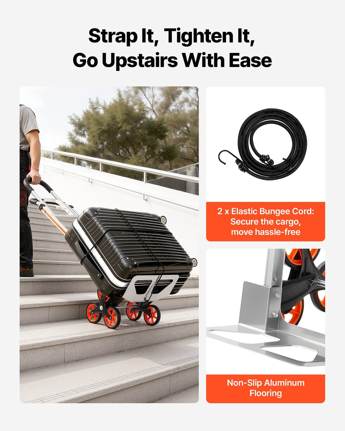 Stair Climbing Cart, 150 kg Stair-Climb Capacity, Aluminum Alloy Folding Trolley Cart with Telescoping Handle, 6 Wheels and 2 Bungee Cords, Stair Climber Dolly for Home, Groceries, Warehouse