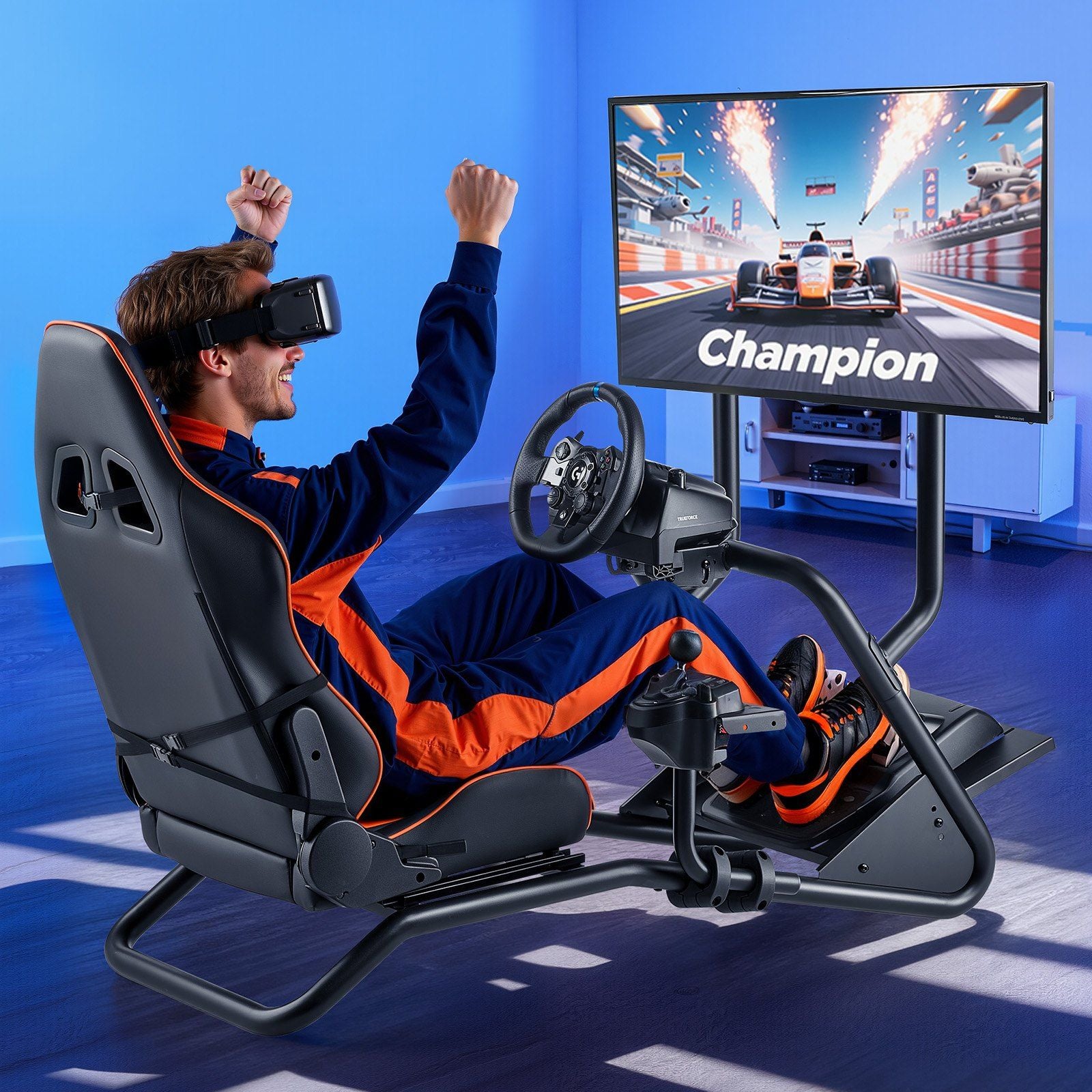 Racing Wheel Stand, Heavy-Duty Simulator Cockpit Steering Wheel Stand with Monitor Stand, Fit Logitech G25,G27,G29,G920,G923, Thrustmaster T300RS,TX F458,T500RS,T3PA-PRO (F1/GT) and CSR Pedals