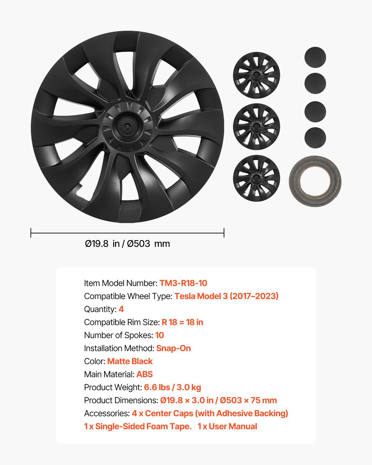 Hubcaps Wheel Covers for 2017-2023 Tesla Model 3, 18 Inch Set of 4 Wheel Rim Cover Hubcaps OEM Style Replacement, R18 Size Snap On Car Hub Caps, Premium 10-Spoke ABS Tire Rim Caps, Matte Black
