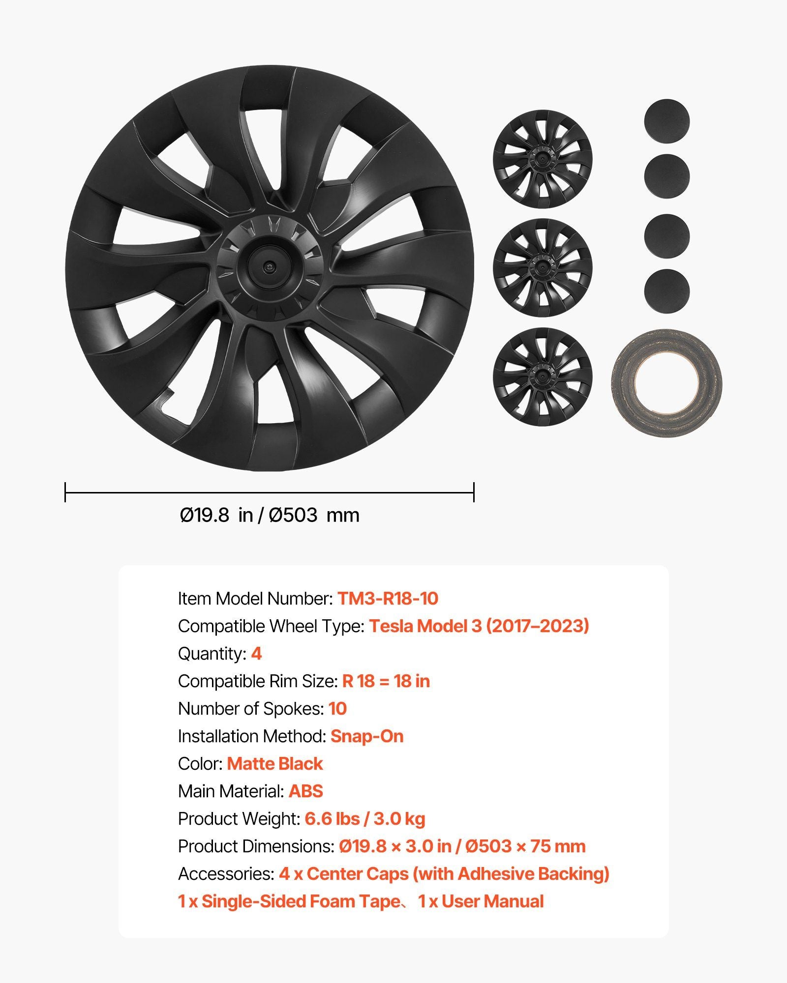 Hubcaps Wheel Covers for 2017-2023 Tesla Model 3, 18 Inch Set of 4 Wheel Rim Cover Hubcaps OEM Style Replacement, R18 Size Snap On Car Hub Caps, Premium 10-Spoke ABS Tire Rim Caps, Matte Black