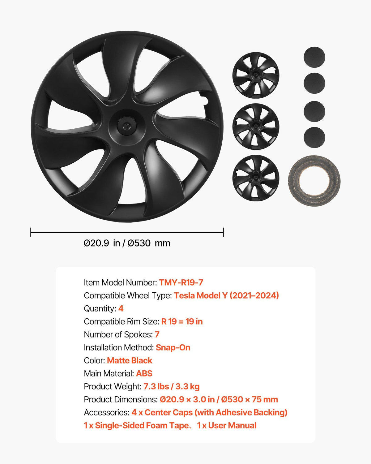 Hubcaps Wheel Covers for 2021-2024 Tesla Model Y, 19 Inch Set of 4 Wheel Rim Cover Hubcaps OEM Style Replacement, R19 Size Snap On Car Hub Caps, Premium 7-Spoke ABS Tire Rim Caps, Matte Black