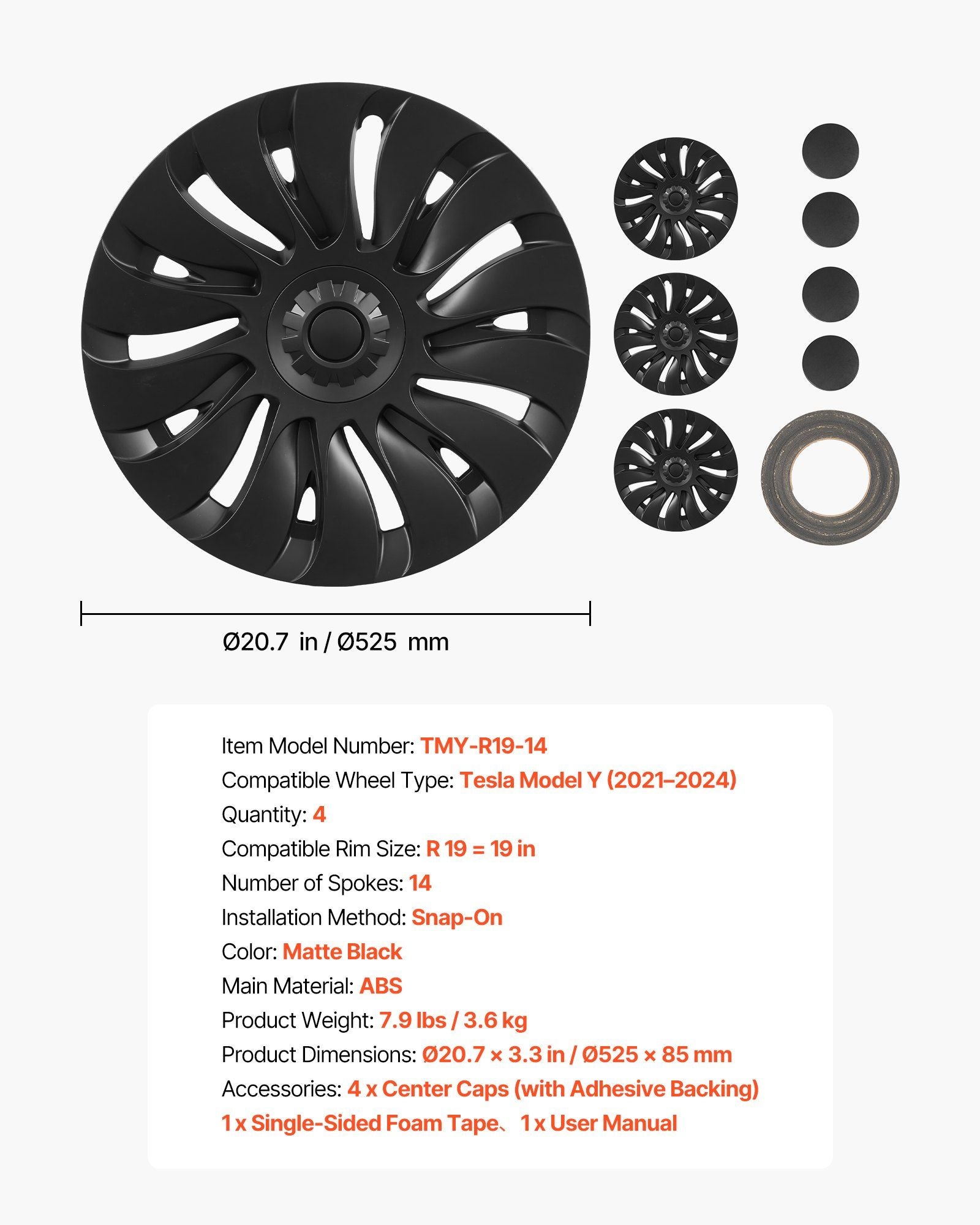 Hubcaps Wheel Covers for 2021-2024 Tesla Model Y, 19 Inch Set of 4 Wheel Rim Cover Hubcaps OEM Style Replacement, R19 Size Snap On Car Hub Caps, Premium 14-Spoke ABS Tire Rim Caps, Matte Black
