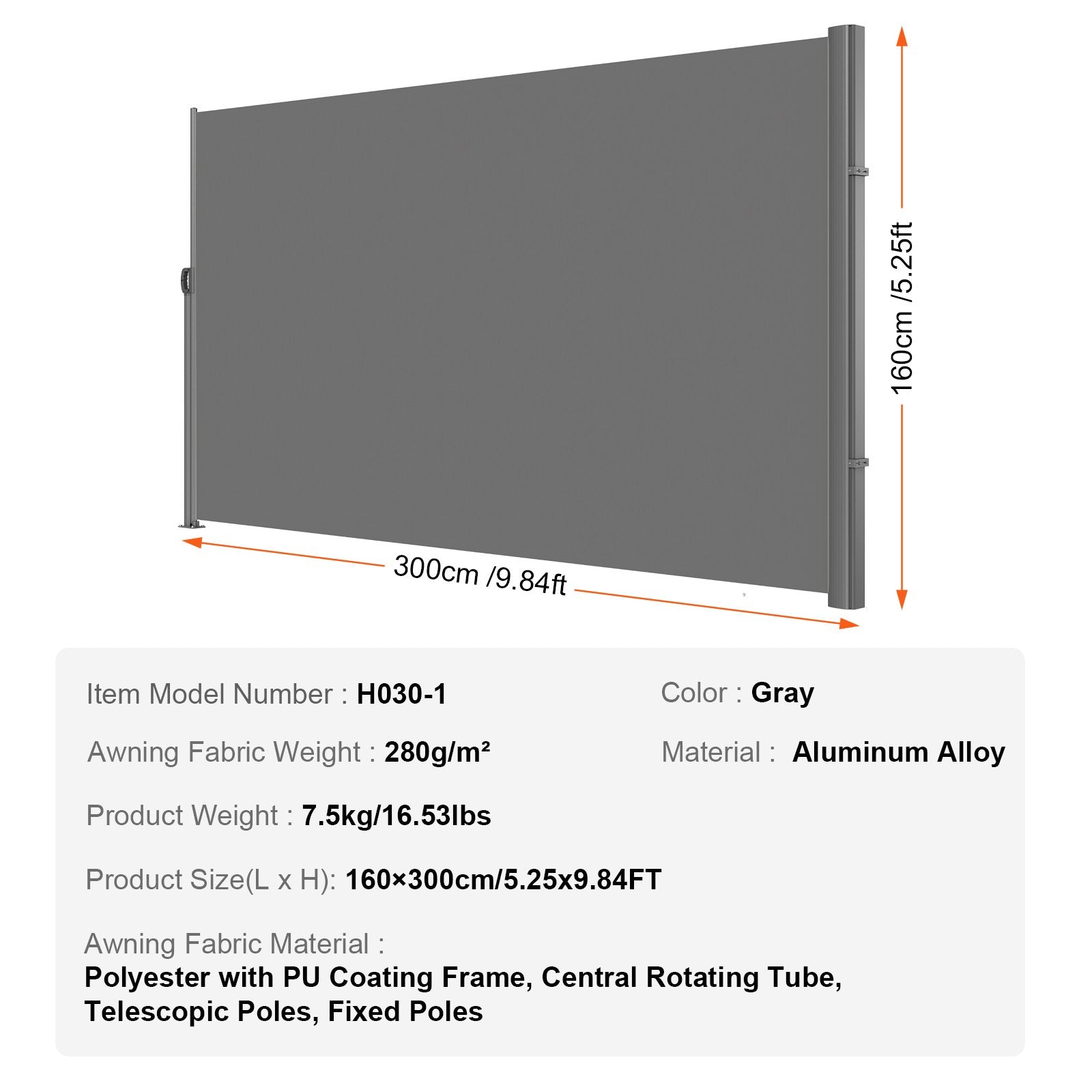 VEVOR Retractable Side Awning, 160X300m Aluminum Outdoor Privacy Screen, 280g Polyester Water-proof Retractable Patio Screen, UV 30+ Room Divider Wind Screen for Patio, Backyard, Balcony, Gray