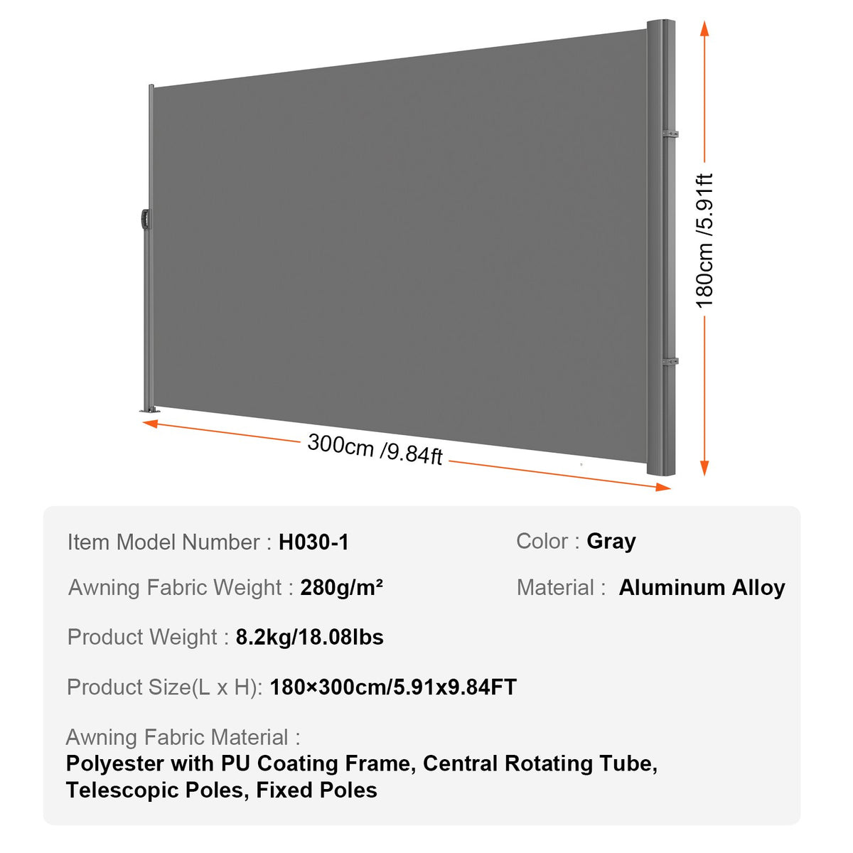 VEVOR Retractable Side Awning, 180X300cm Aluminum Outdoor Privacy Screen, 280g Polyester Water-proof Retractable Patio Screen, UV 30+ Room Divider Wind Screen for Patio, Backyard, Balcony, Gray