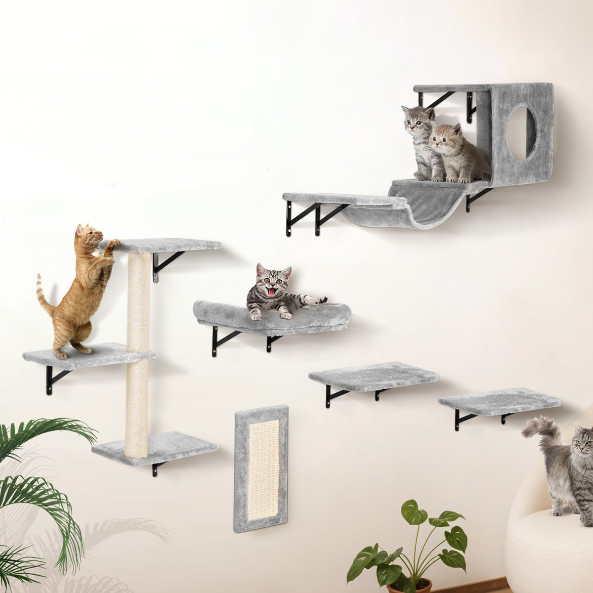VEVOR Wall Mounted Cat Shelves, Cat Wall Shelves and Perches with Jumping Boards, Hammock, Sofa, Cat Tree &amp; Cat Grip, Cat Furniture and Shelves up to 40 lbs for Sleeping, Playing, Climbing, Set of 6