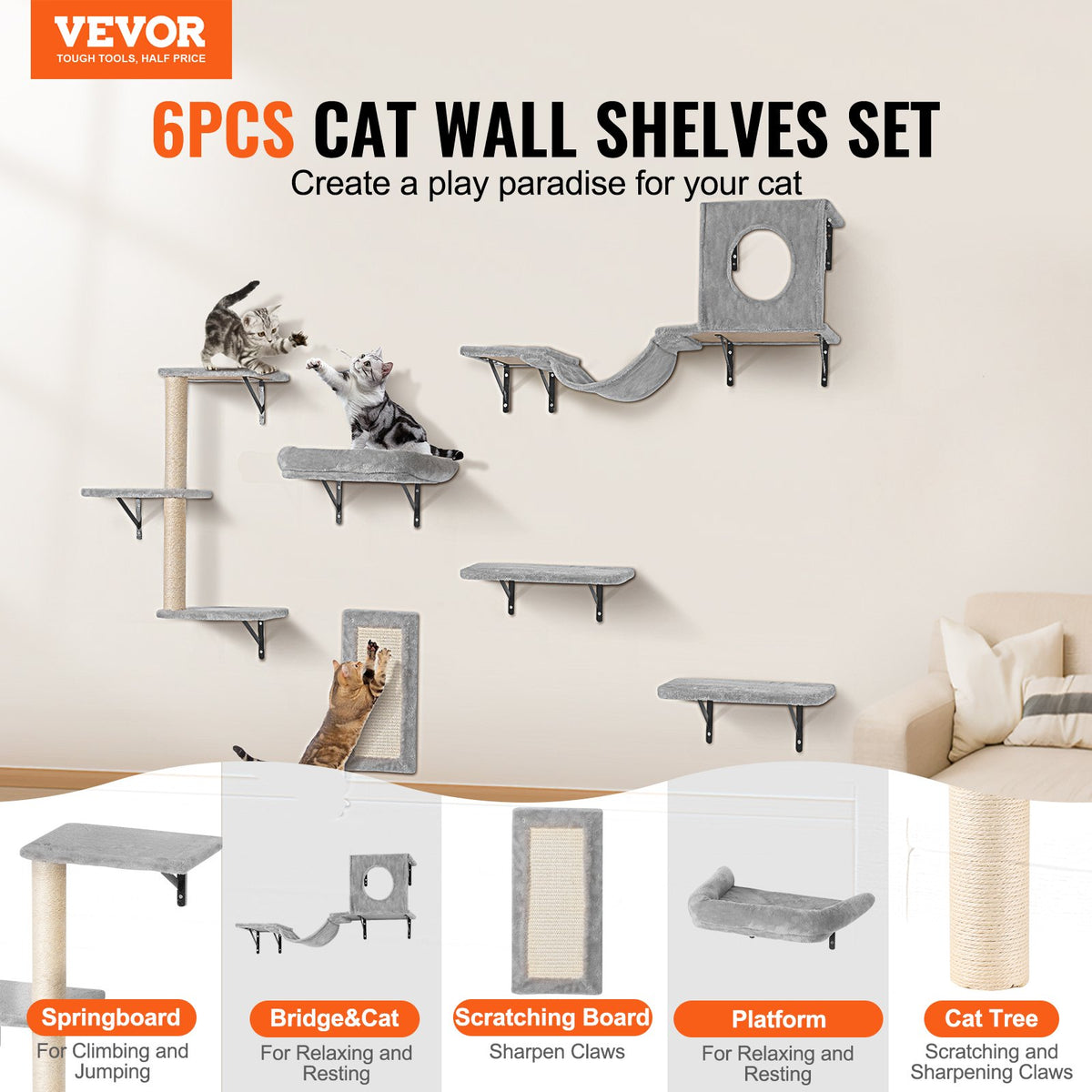 VEVOR Wall Mounted Cat Shelves, Cat Wall Shelves and Perches with Jumping Boards, Hammock, Sofa, Cat Tree & Cat Grip, Cat Furniture and Shelves up to 40 lbs for Sleeping, Playing, Climbing, Set of 6