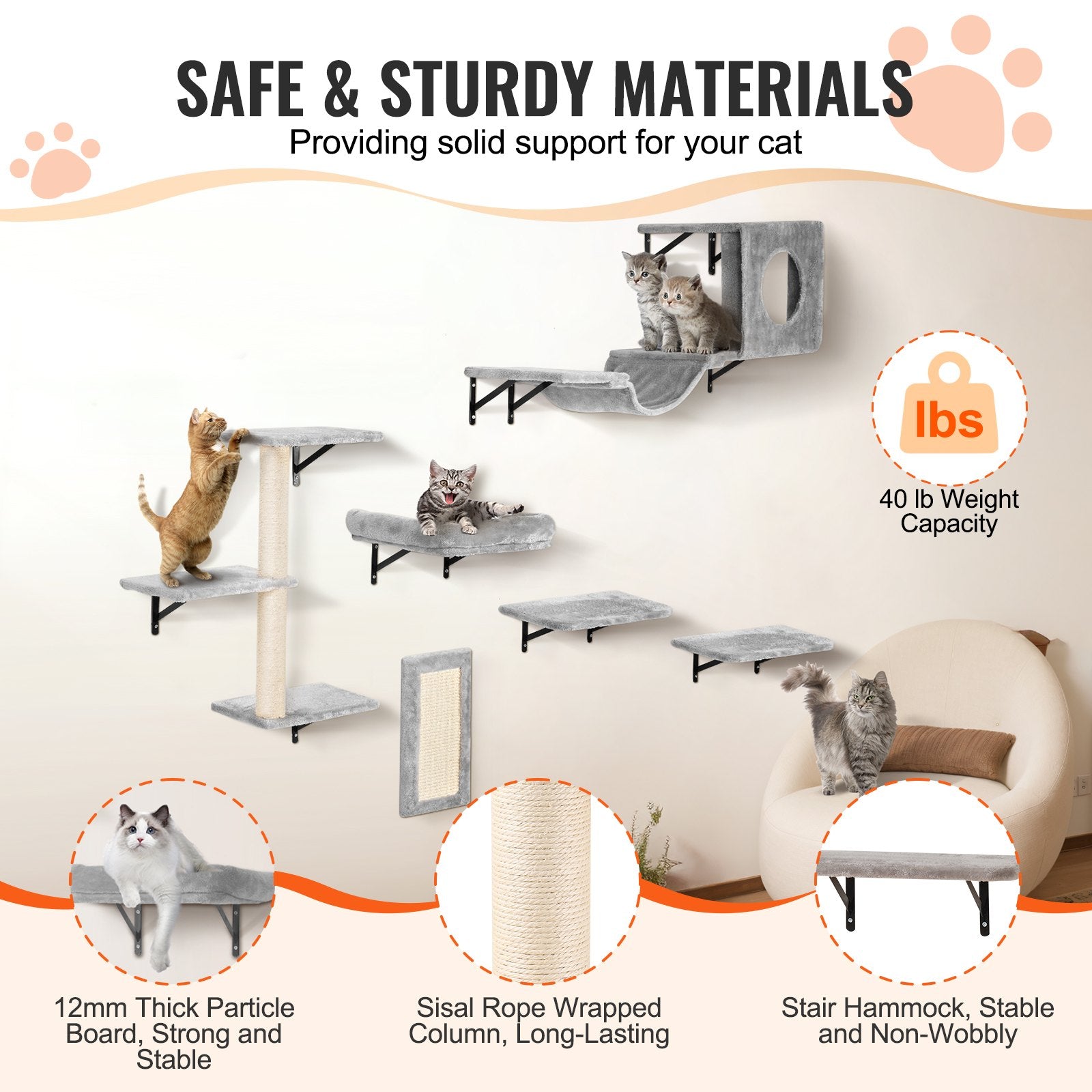 VEVOR Wall Mounted Cat Shelves, Cat Wall Shelves and Perches with Jumping Boards, Hammock, Sofa, Cat Tree & Cat Grip, Cat Furniture and Shelves up to 40 lbs for Sleeping, Playing, Climbing, Set of 6
