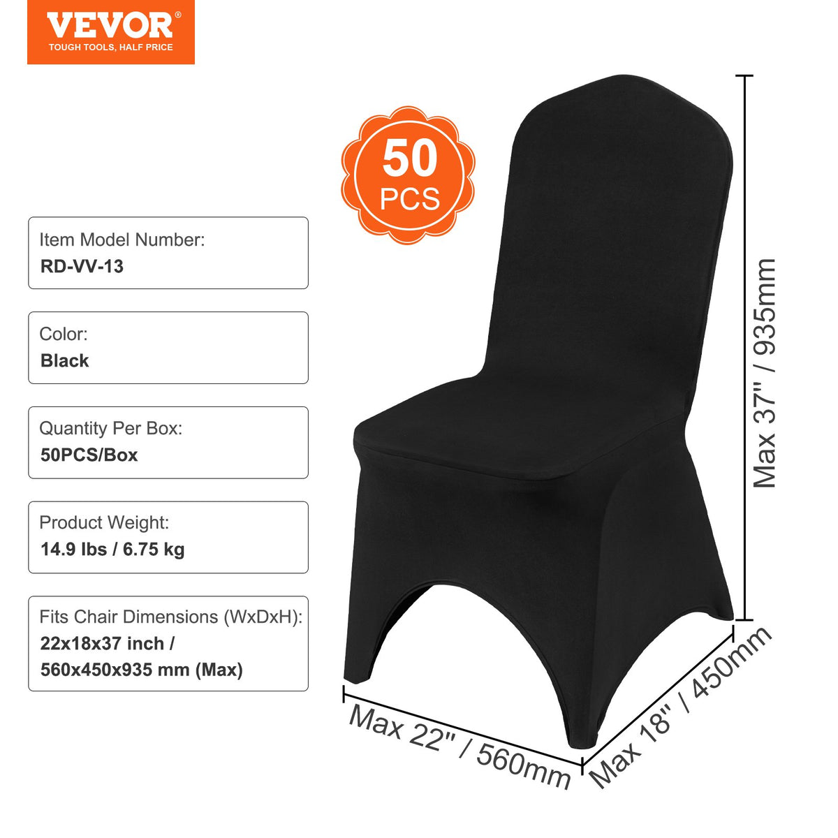 VEVOR 50 PCS Black Chair Covers Polyester Spandex Stretch Wedding Party Banquet
