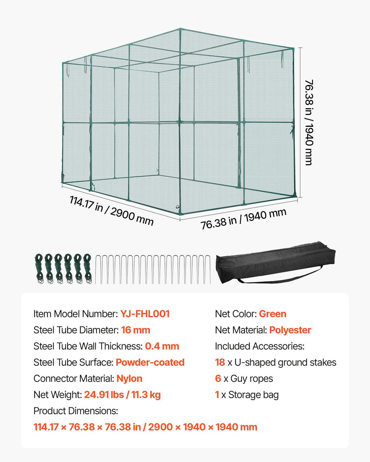 VEVOR Crop Cage, 2.9 x 1.94 x 1.94 m Plant Protection Tent with Zippered Door, Wind-Resistant Tall Crop Cage, Easy to Install, Outdoor Raised Bed Cover, Tomato Plant Netting for Garden Patio Lawn