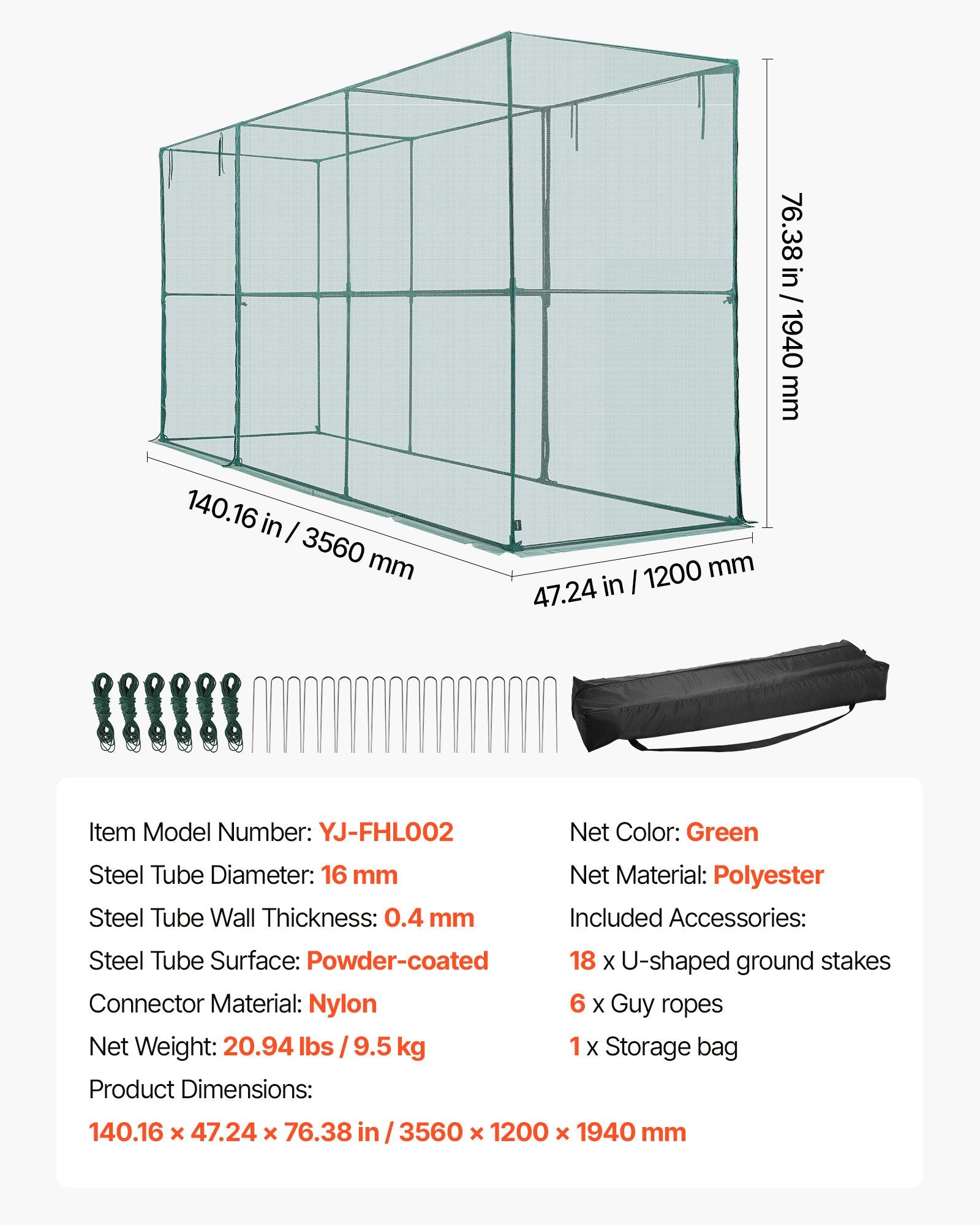 VEVOR Crop Cage, 3.56 x 1.2 x 1.94 m Plant Protection Tent with Zippered Door, Wind-Resistant Tall Crop Cage, Easy to Install, Outdoor Raised Bed Cover, Tomato Plant Netting for Garden Patio Lawn