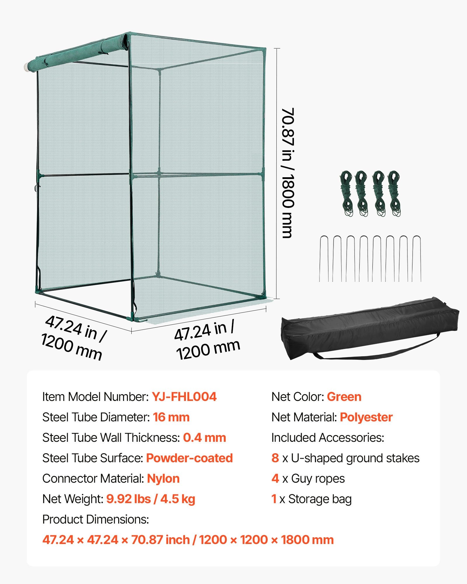 VEVOR Crop Cage, 1.2 x 1.2 x 1.8 m Plant Protection Tent with Zippered Door, Wind-Resistant Tall Crop Cage, Easy to Install, Outdoor Raised Bed Cover, Tomato Plant Netting for Garden Patio Lawn