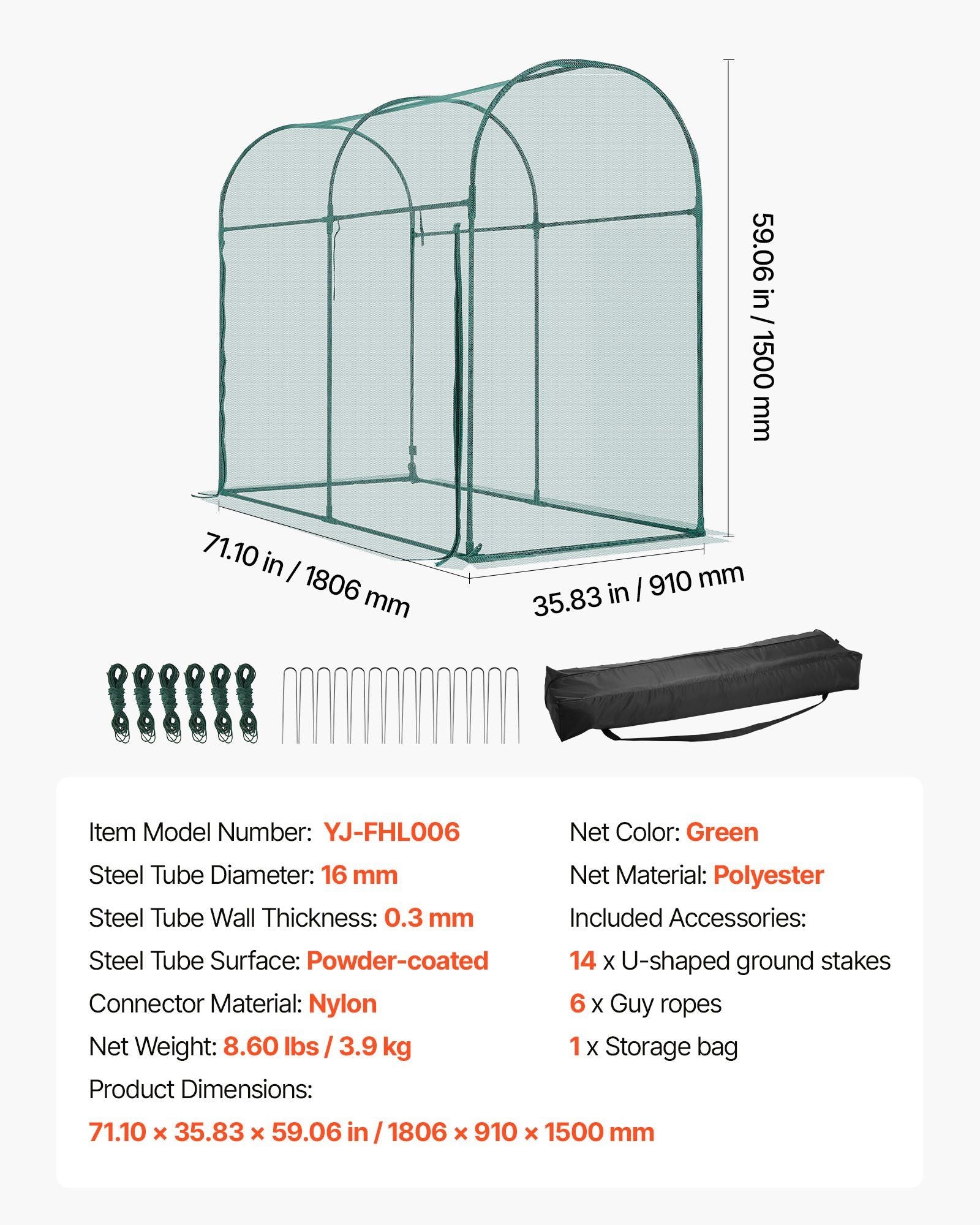 Crop Cage, 1.8 x 0.91 x 1.5 m Plant Protection Tent with Zippered Door, Wind-Resistant Tall Crop Cage, Easy to Install, Outdoor Raised Bed Cover with Frame, Plant Netting for Garden Patio Lawn
